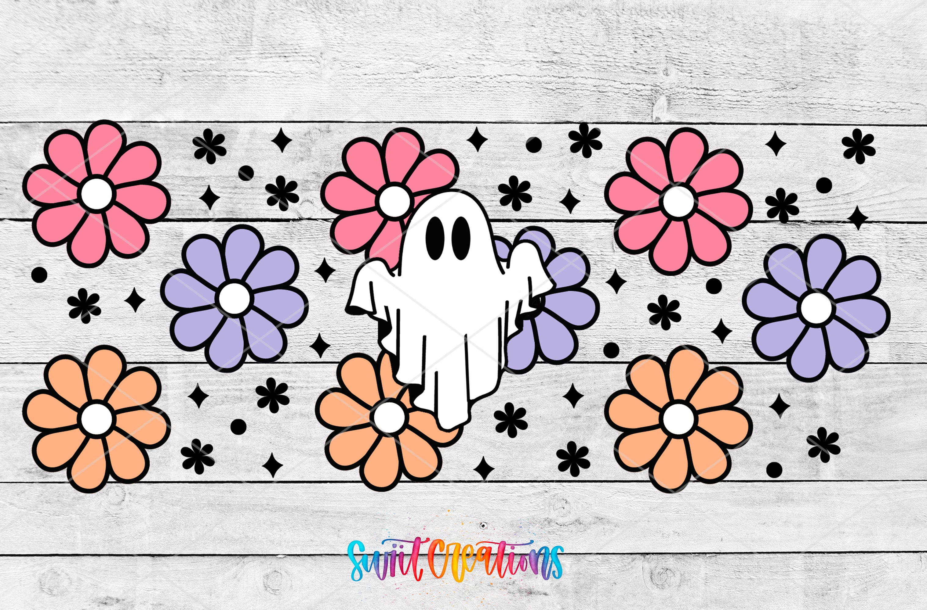 A ghost floating amidst colorful flowers on a wooden background.