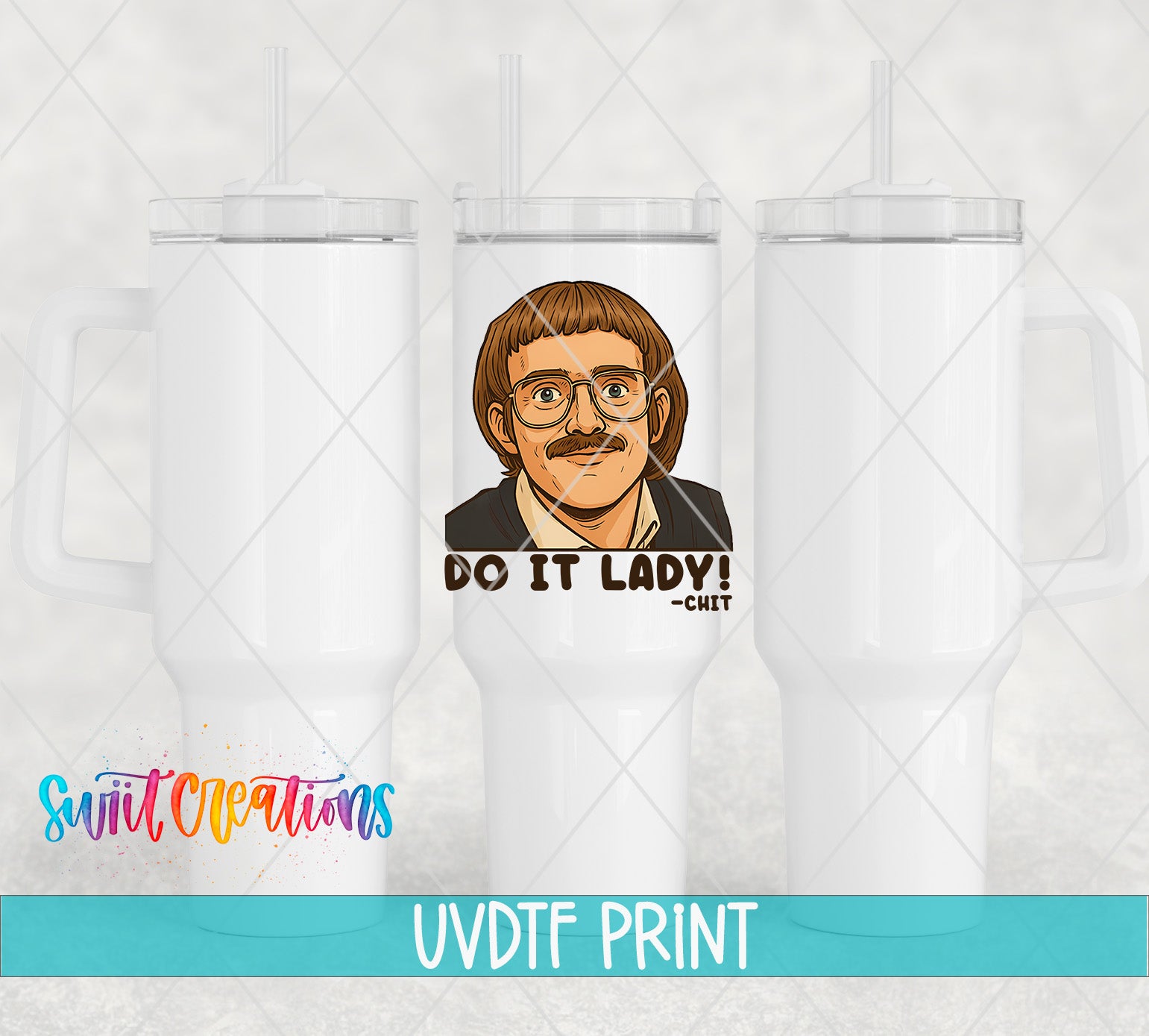 three white tumblers with a printed design on the front, including a cartoon character and text.