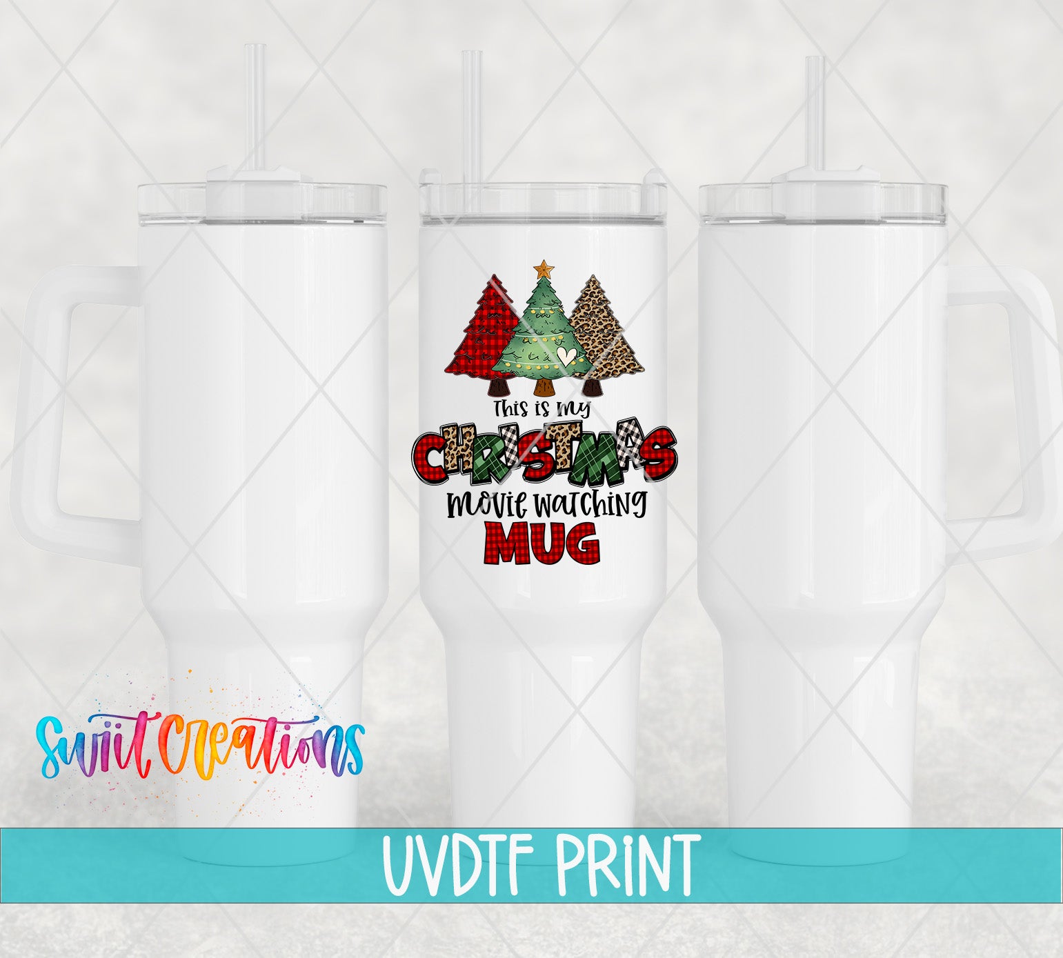 This image features a set of three white tumblers with a Christmas tree design and text printed on them.