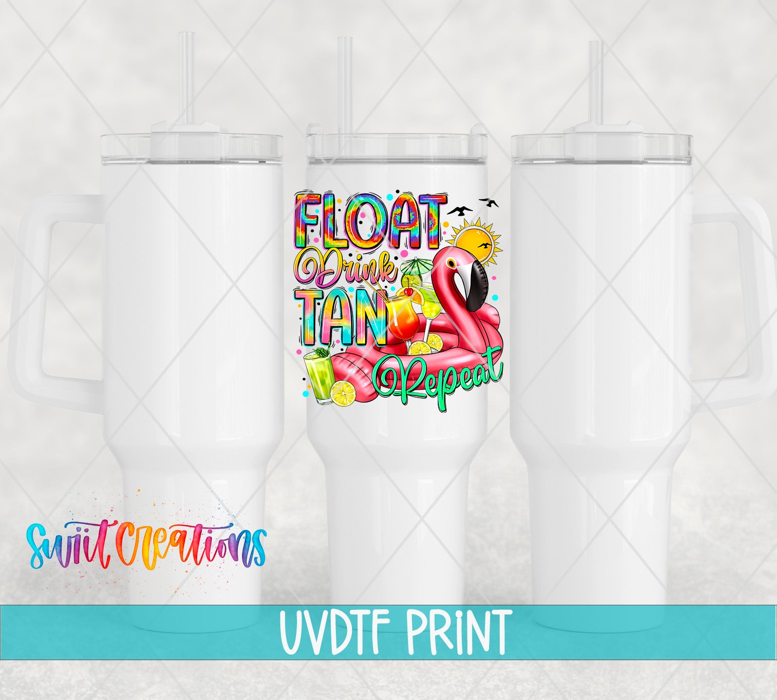 three white tumblers with a colorful and vibrant design on the front, including a flamingo and various tropical fruits.
