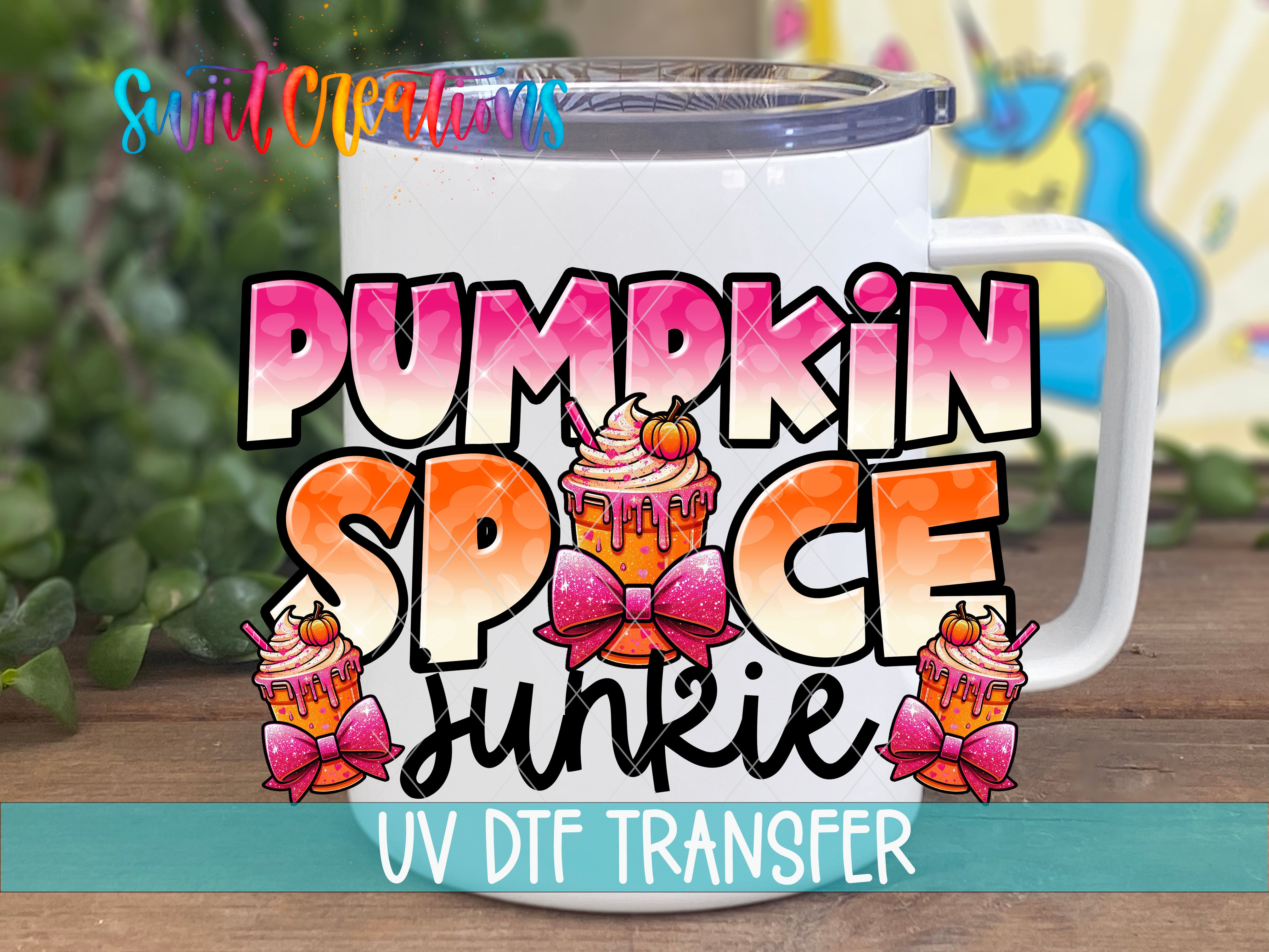 A white mug with a pumpkin-themed design and text, along with illustrations of pumpkin-flavored items, such as cupcakes and ice cream cones.