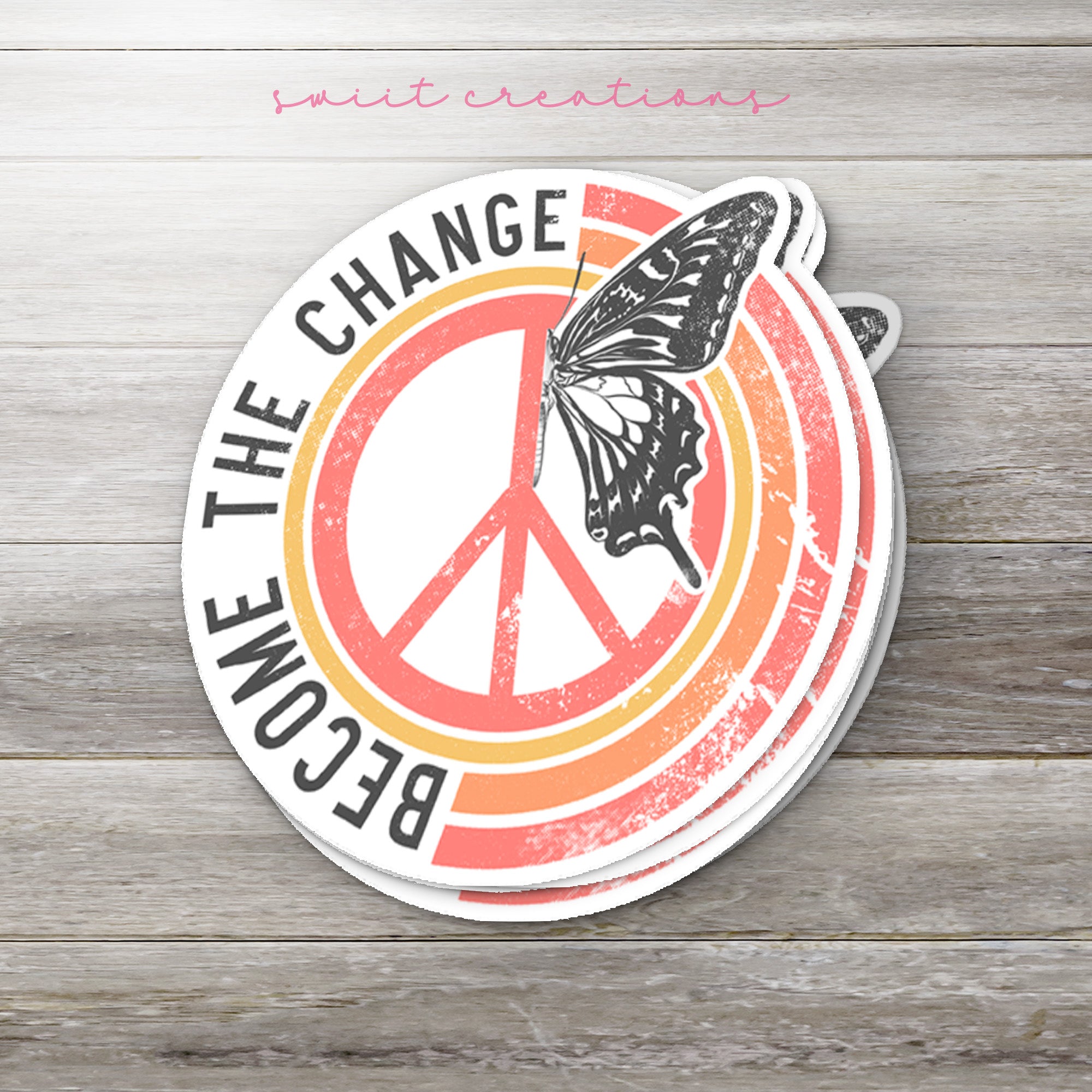 a sticker with a peace sign and a butterfly