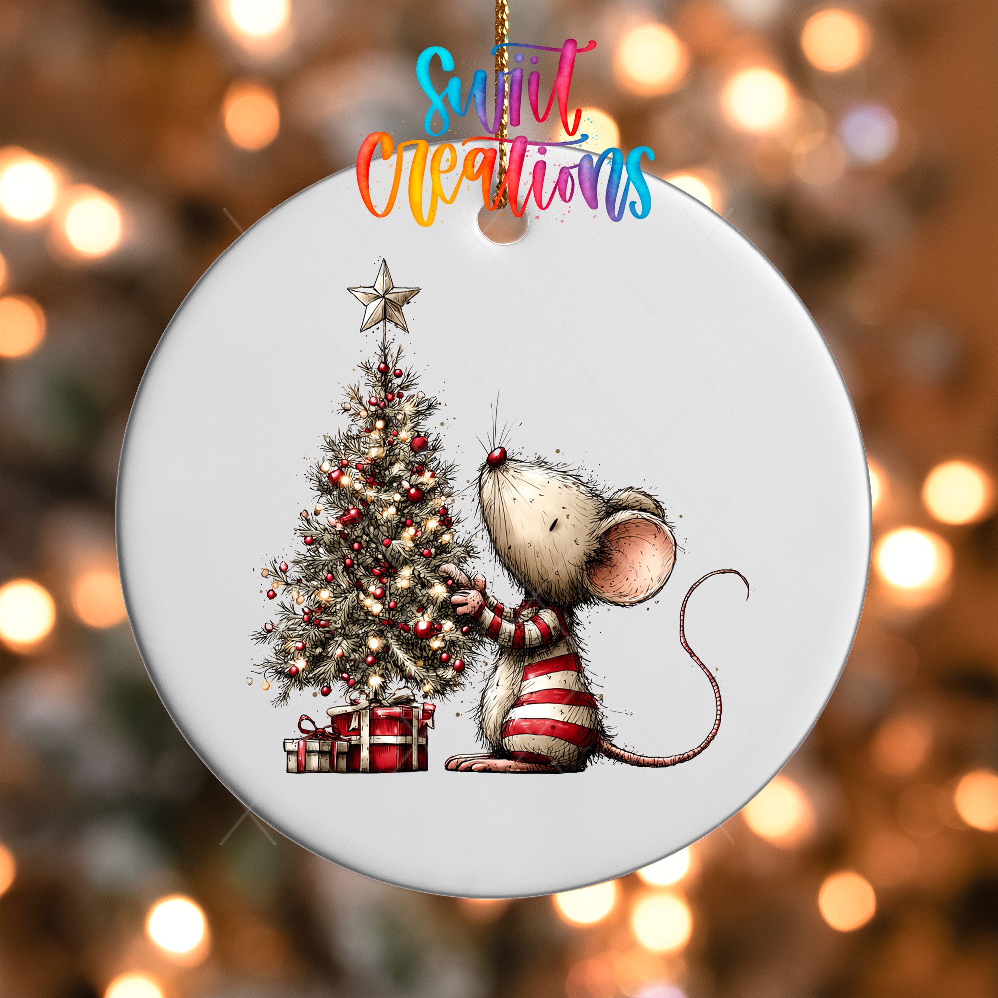 A white Christmas ornament with a cartoon image of a mouse decorating a Christmas tree.