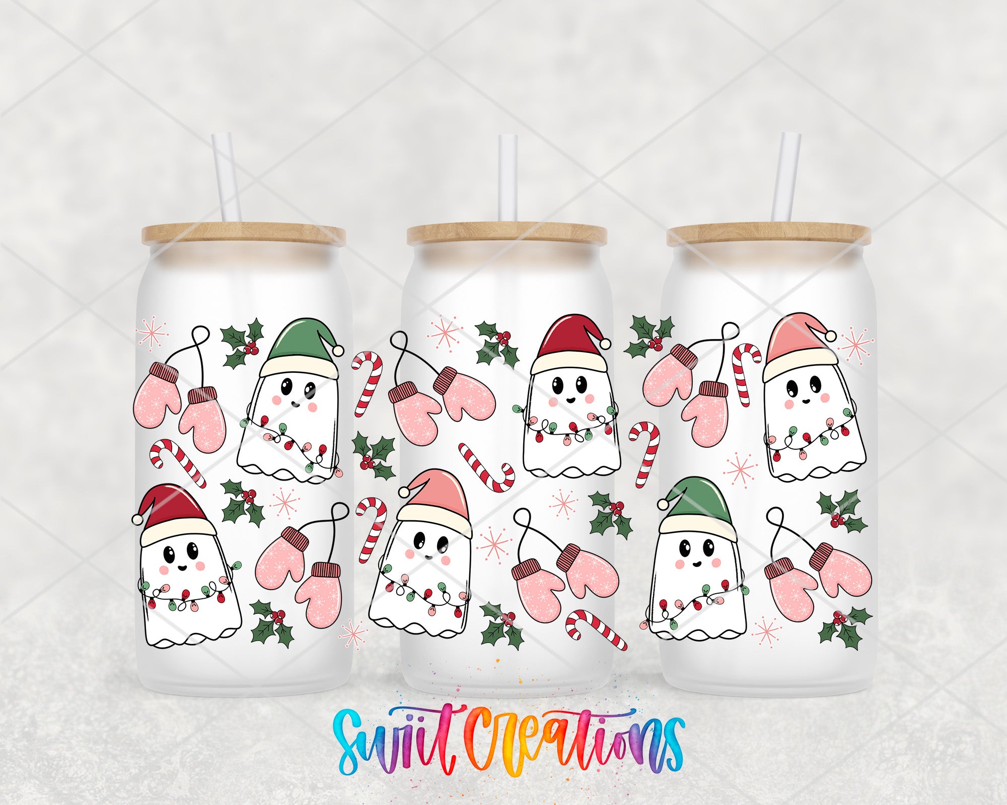 three white tumblers with a festive design of ghostly figures wearing Santa hats and mittens, along with Christmas-themed decorations such as holly, mistletoe, and candy canes.