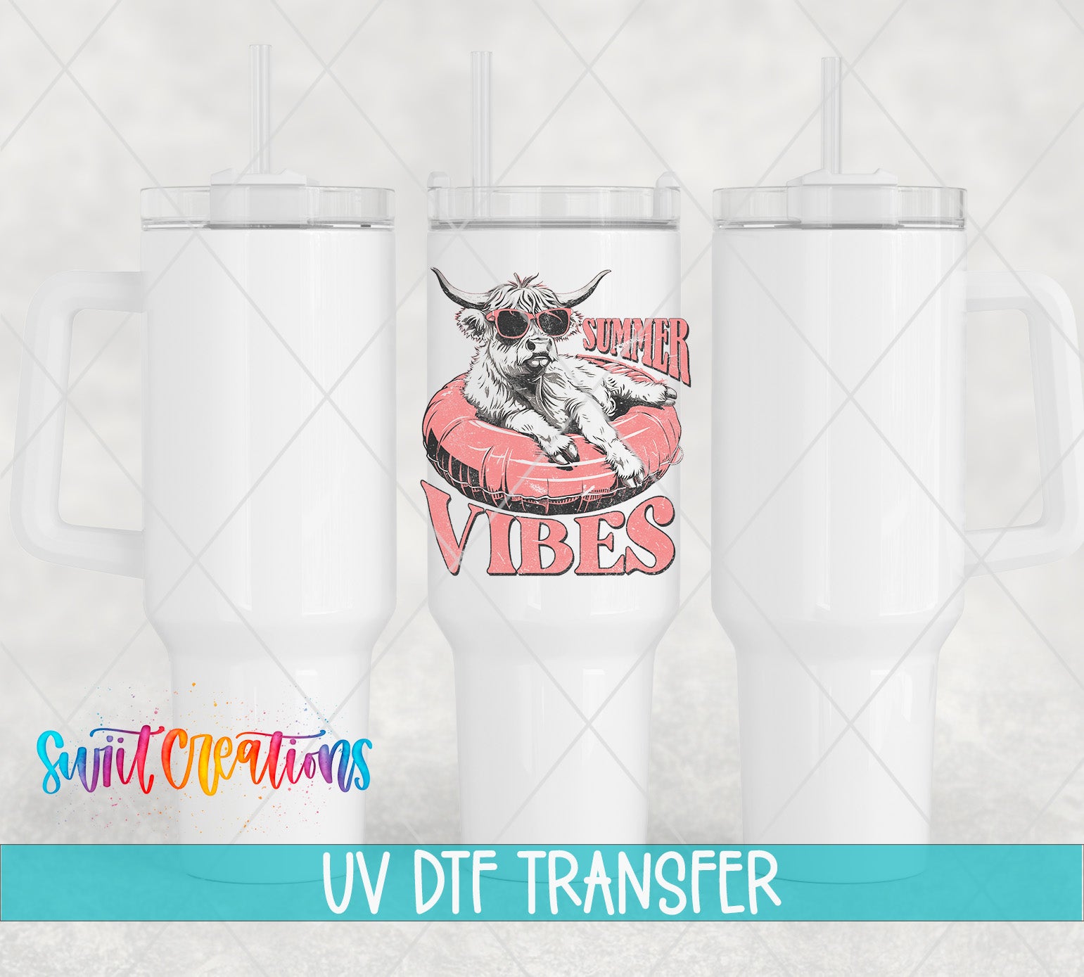 three white tumblers with a printed design on them. The design includes a cartoon cow wearing sunglasses and the text "SUMMER VIBES" in pink and orange colors. The image also includes the text "UV Dtf Transfer" at the bottom.