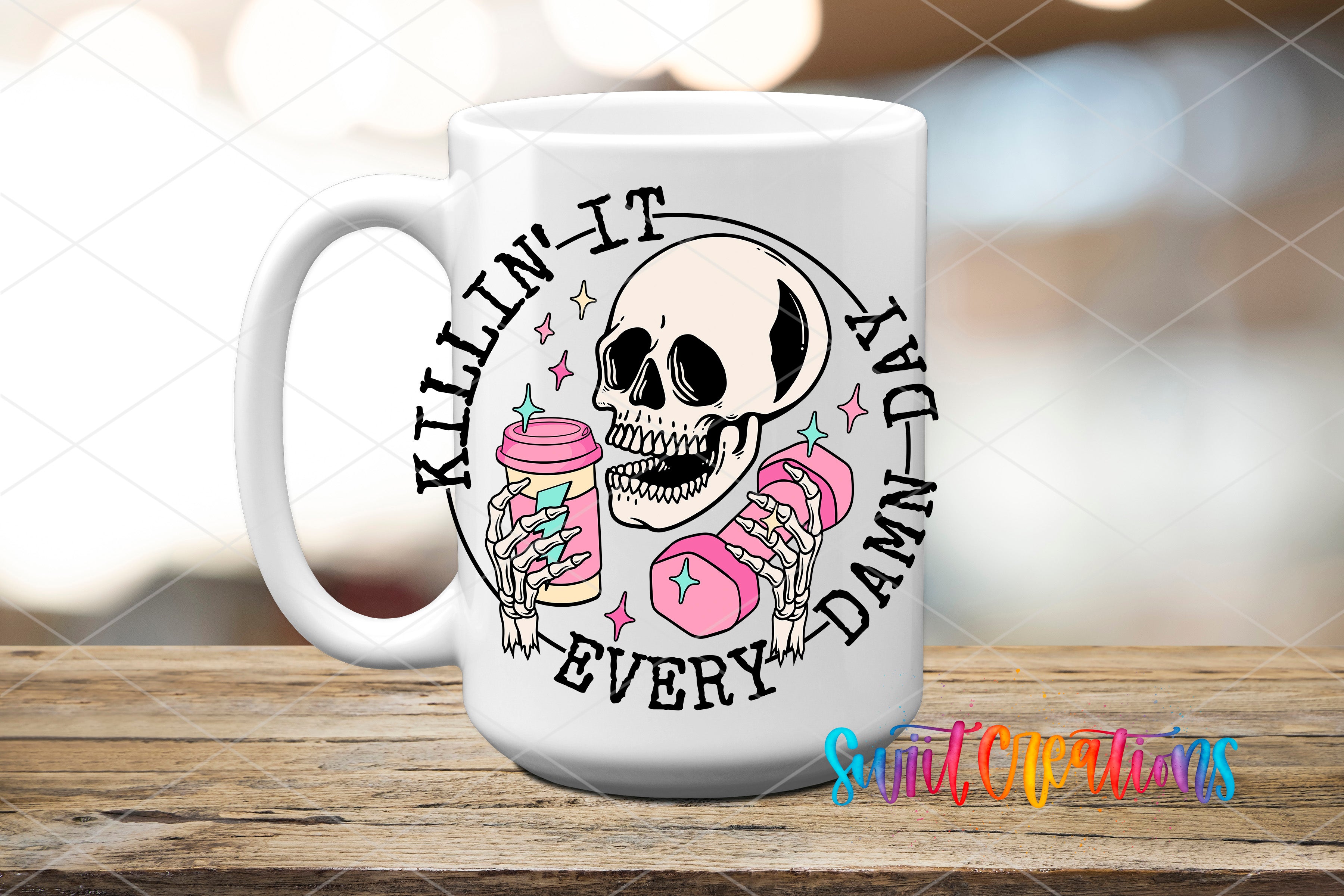 A white ceramic mug with a graphic design featuring a skull holding a coffee cup and the text "KILLIN' IT DA DAY DAMN EVERY" around the mug.