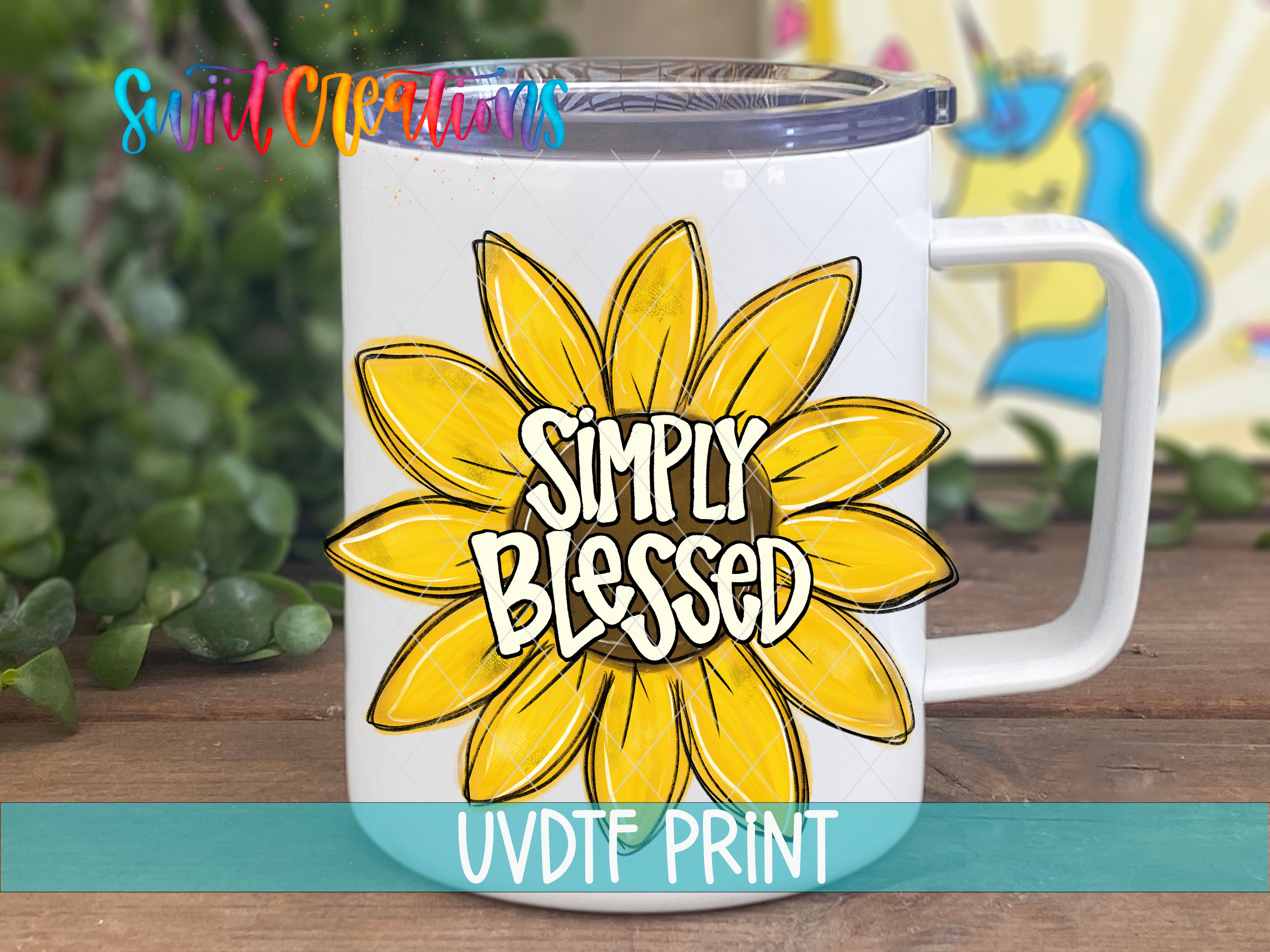 A white ceramic mug with a yellow sunflower design and the text "Simply Blessed" printed on it.