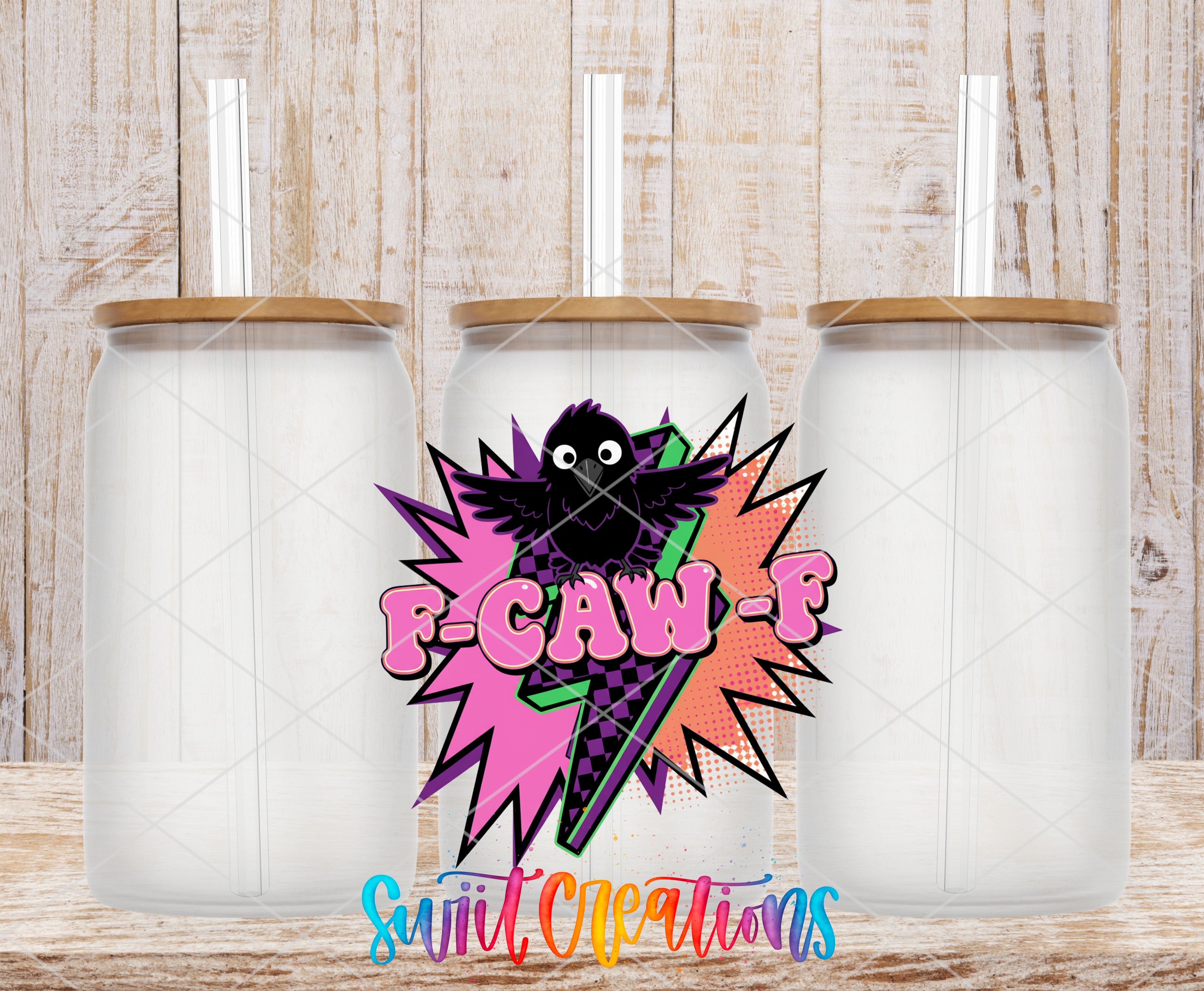 three clear glass jars with lids, arranged in a row against a wooden background. The jars have a colorful, cartoonish design with a black owl and a pink and purple explosion-like shape. The text "F-CAW-F" is displayed prominently in the center of the image.
