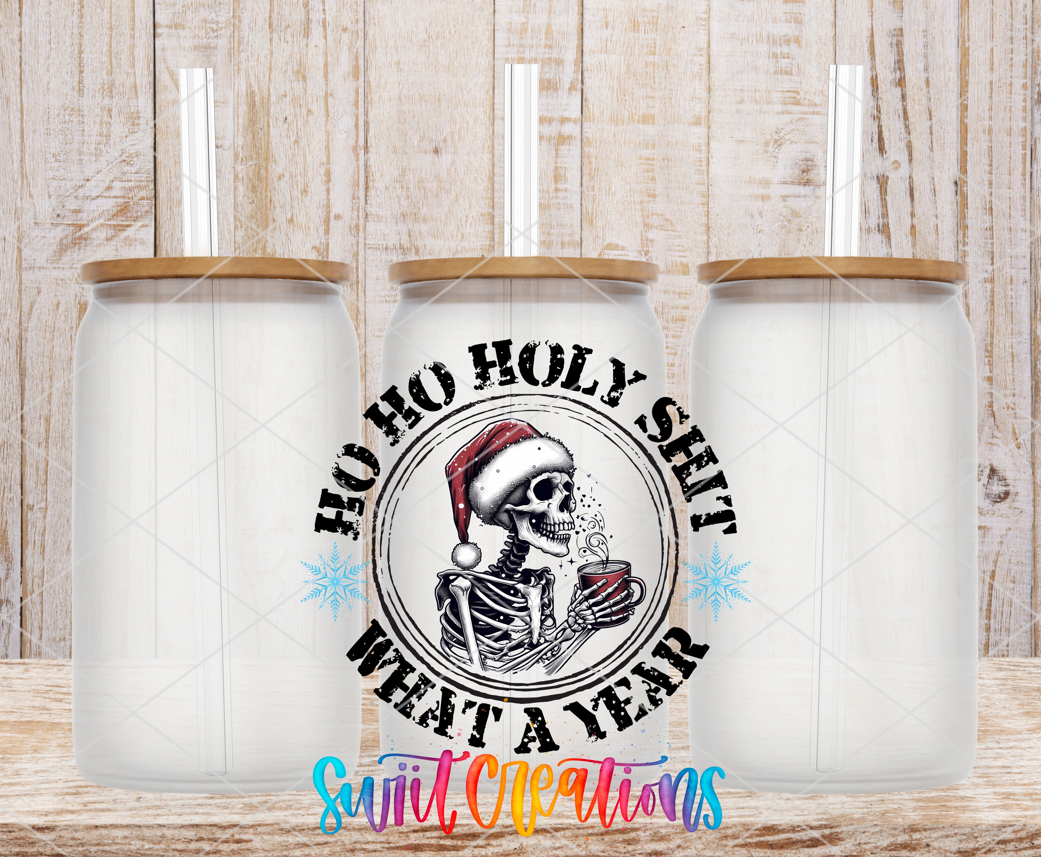 a skeleton wearing a Santa hat and holding a cup of coffee, with the text "Hoo ho Holy shit what a year" around the skeleton.