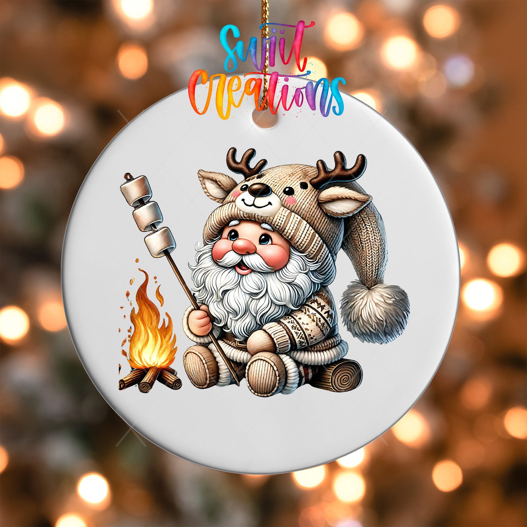 Santa Claus ornament with a fire pit and marshmallows