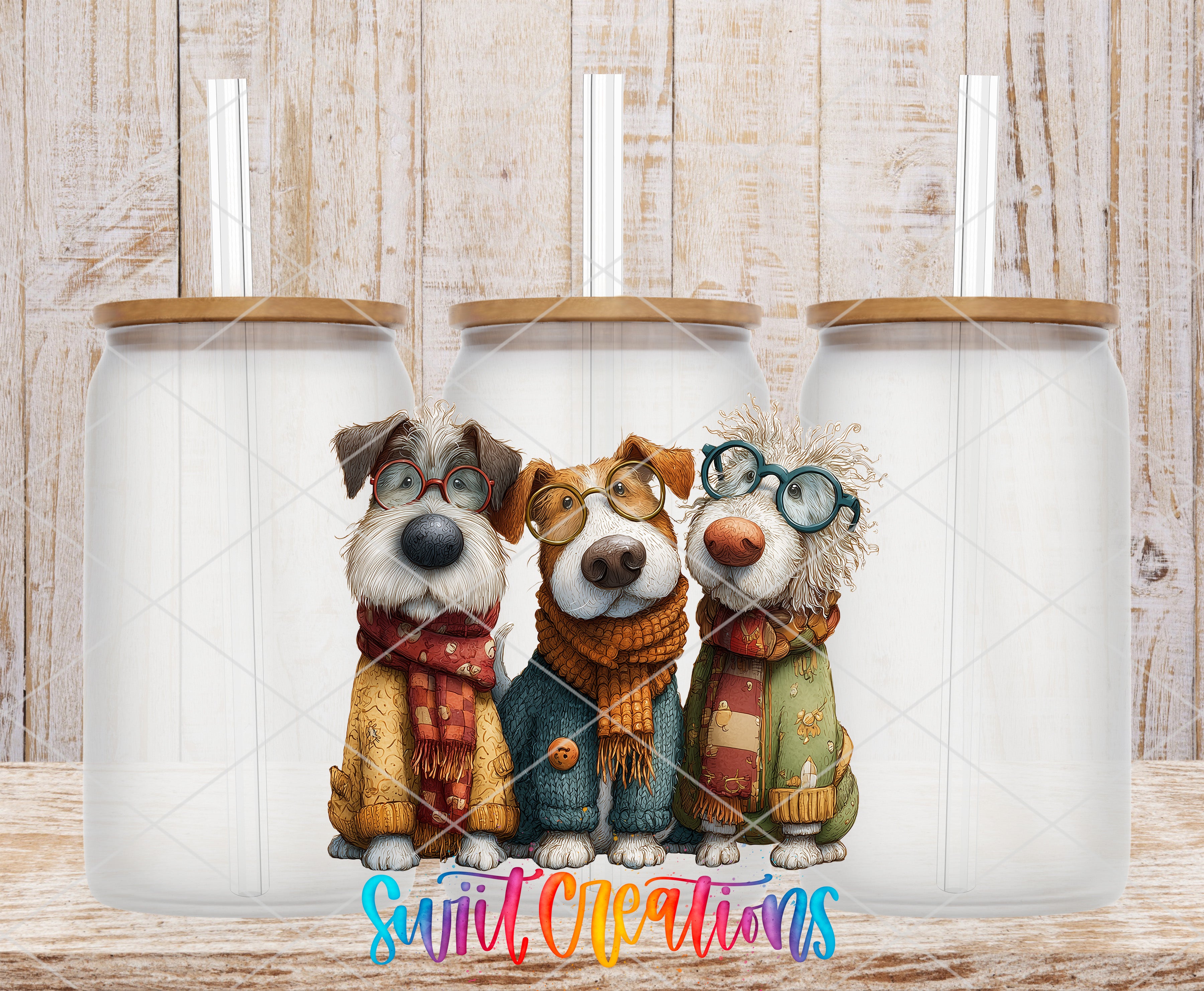 Three cartoon dogs wearing glasses and colorful scarves, standing in front of three identical glass jars with lids.