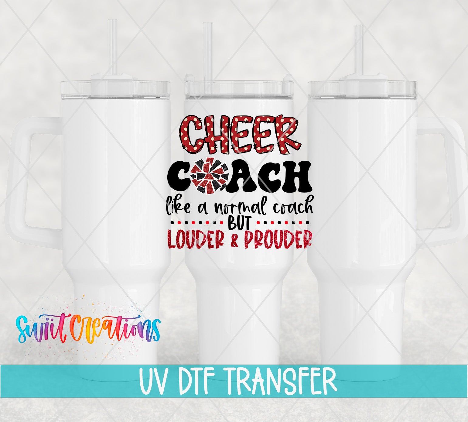 three white tumblers with a printed design on them, including text and a graphic.