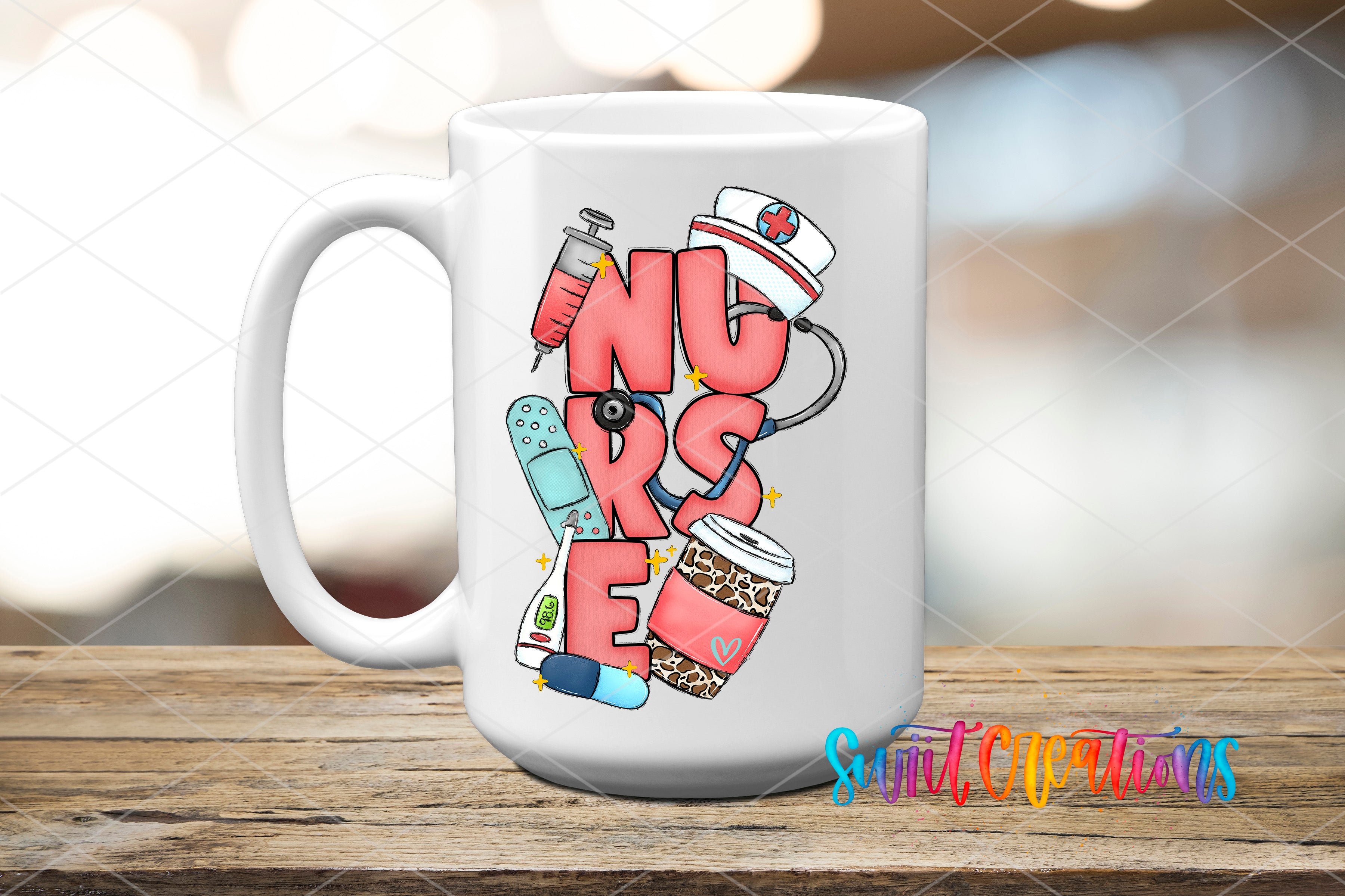 A white ceramic mug with a colorful design featuring the word "NURSE" and various medical-related icons, such as a stethoscope, syringe, and pill bottle.