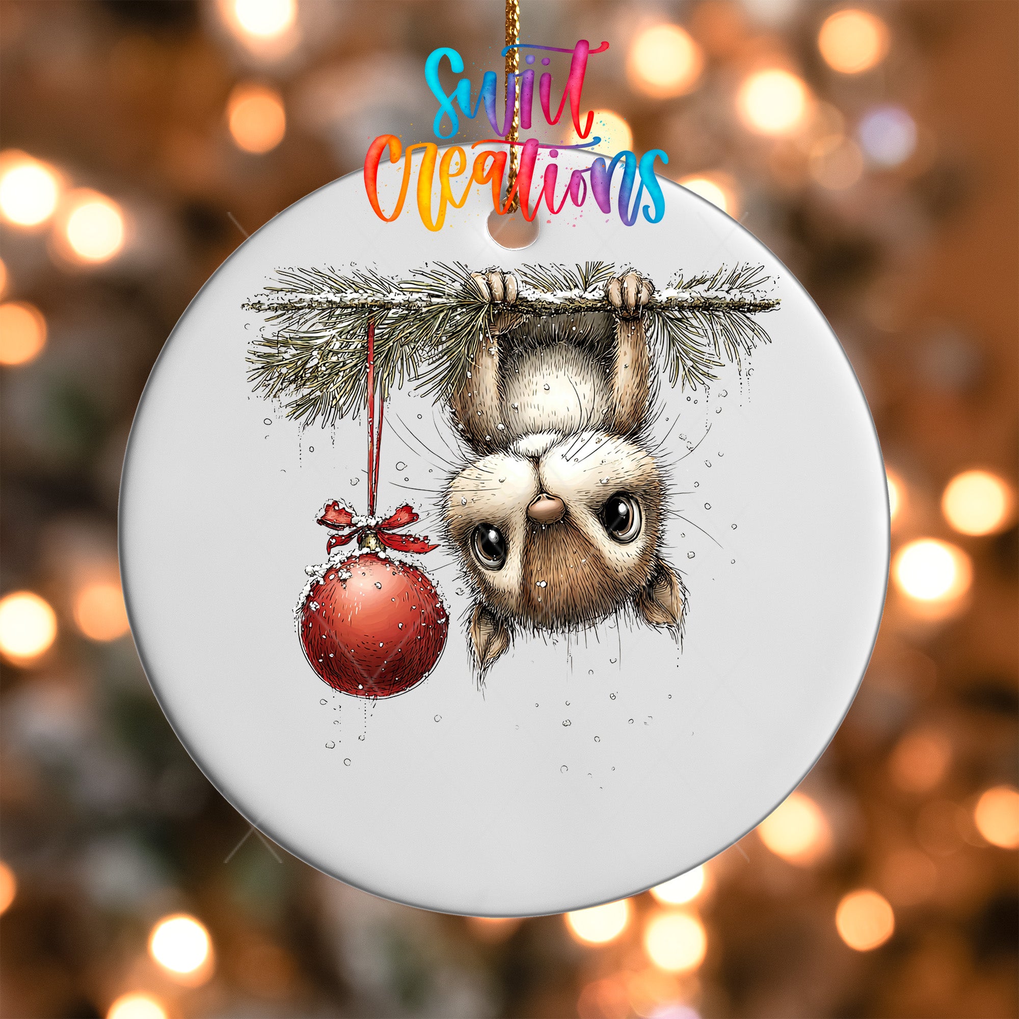 A ceramic ornament featuring a cute cartoon cat hanging from a branch with a red ornament, against a background of colorful lights.