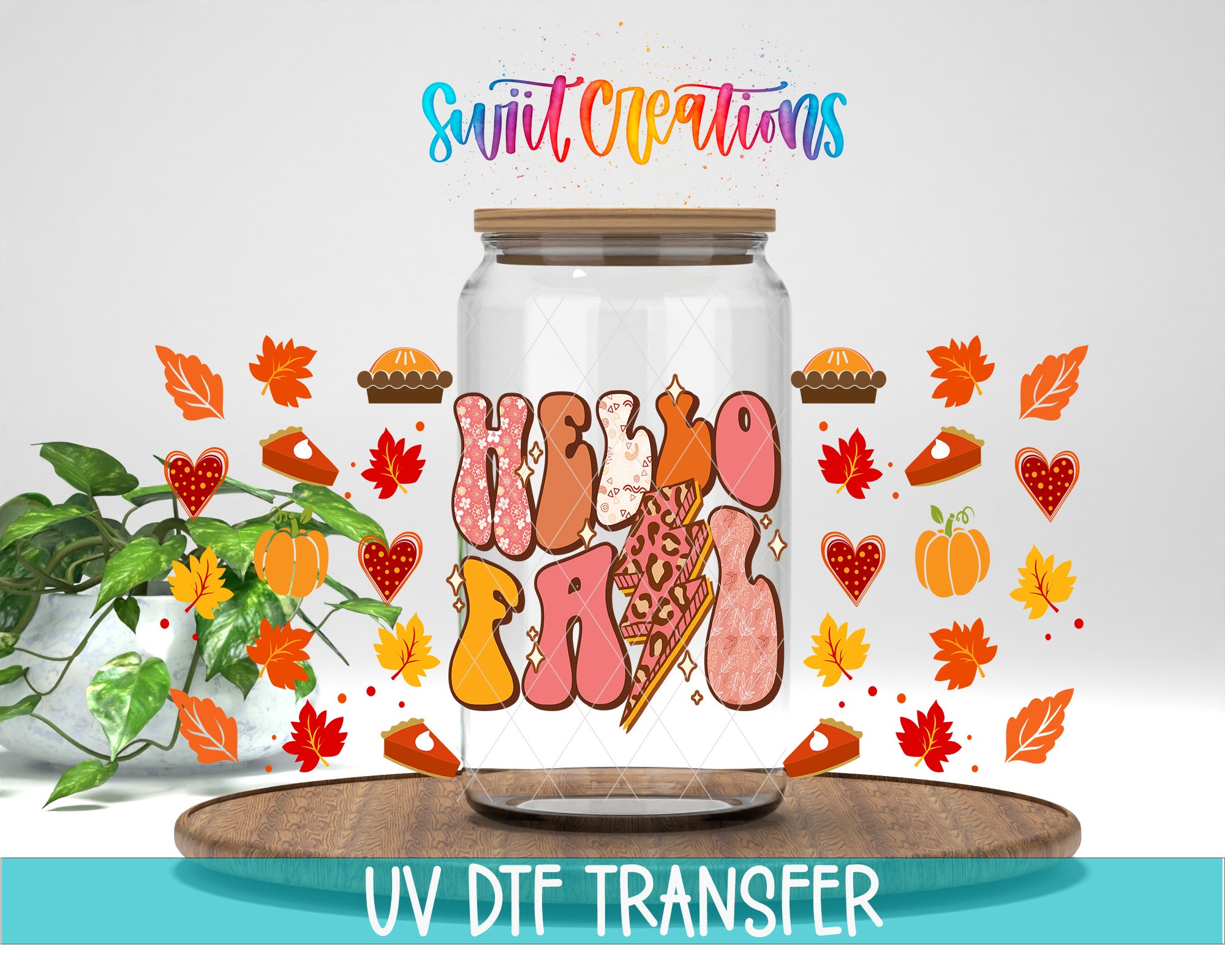 a glass jar with a colorful design, surrounded by autumn-themed elements such as leaves, pumpkins, and a pie.