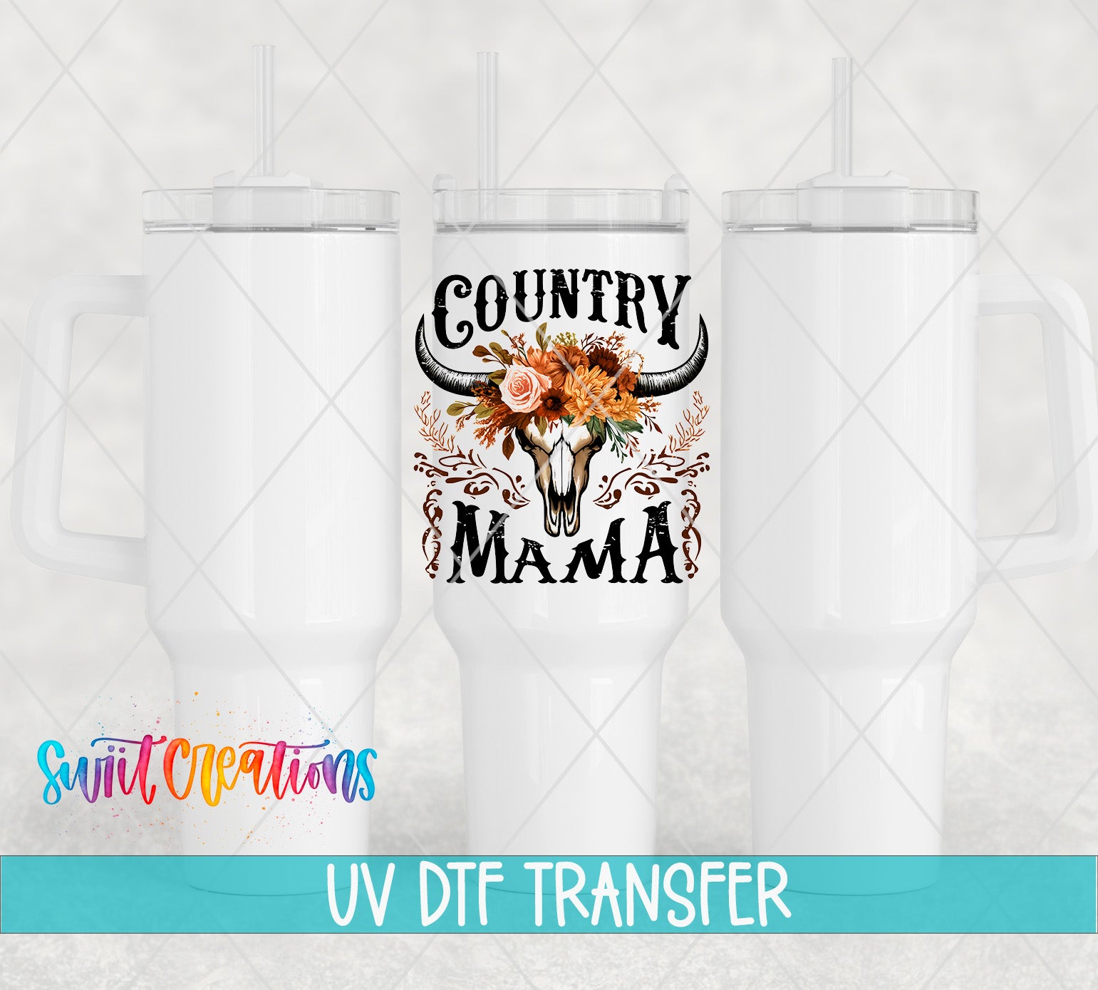 three white tumblers with a floral design and the text "Country Mama" printed on them.