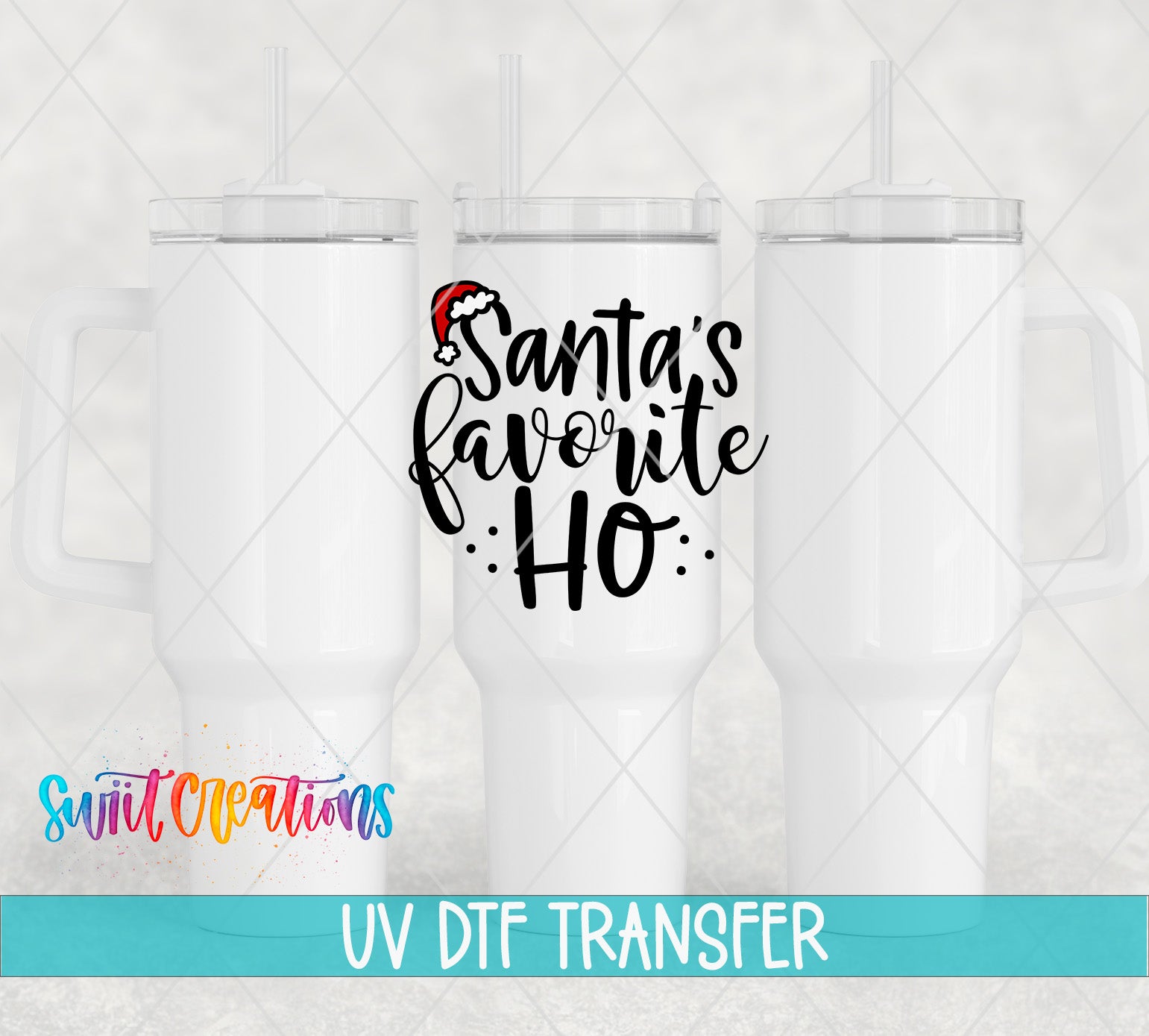 three white tumblers with a Santa Claus hat and the text "Santa's favorite ho" printed on them.