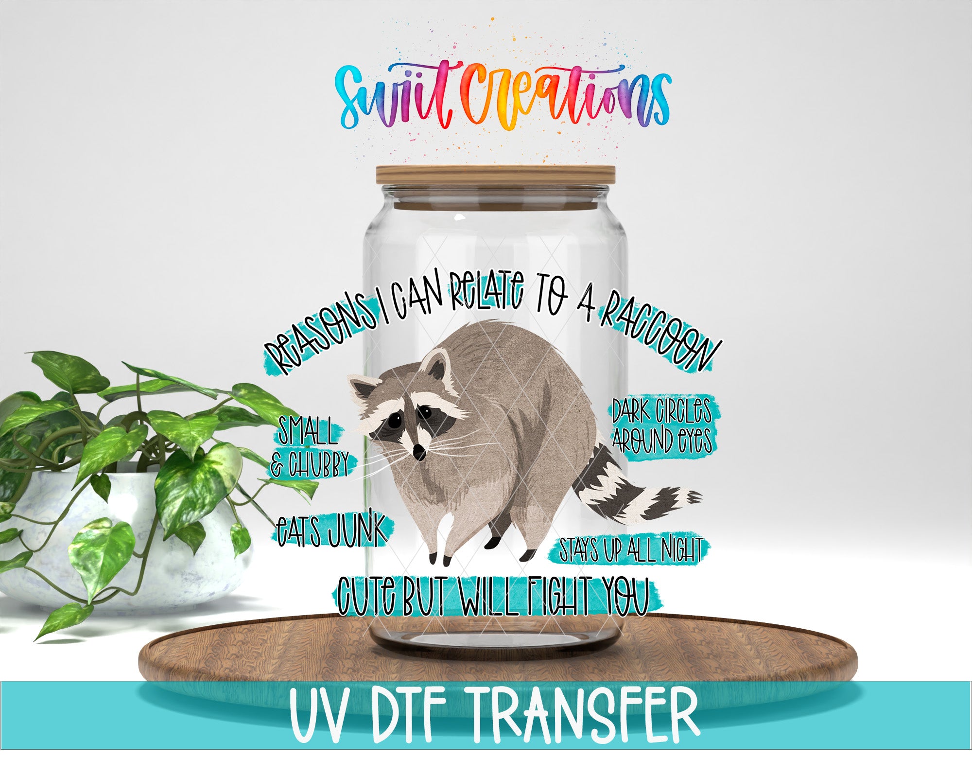 a raccoon inside a glass jar, surrounded by text that describes the raccoon's abilities and characteristics.