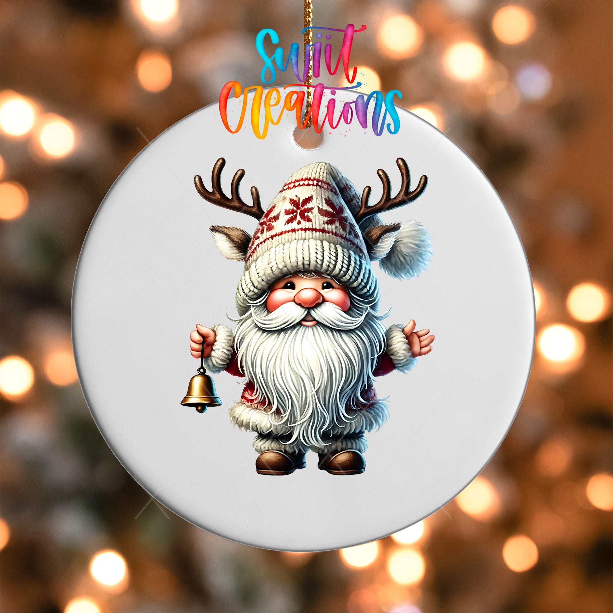 A gnome ornament with antlers and a bell, set against a blurred background of Christmas lights.