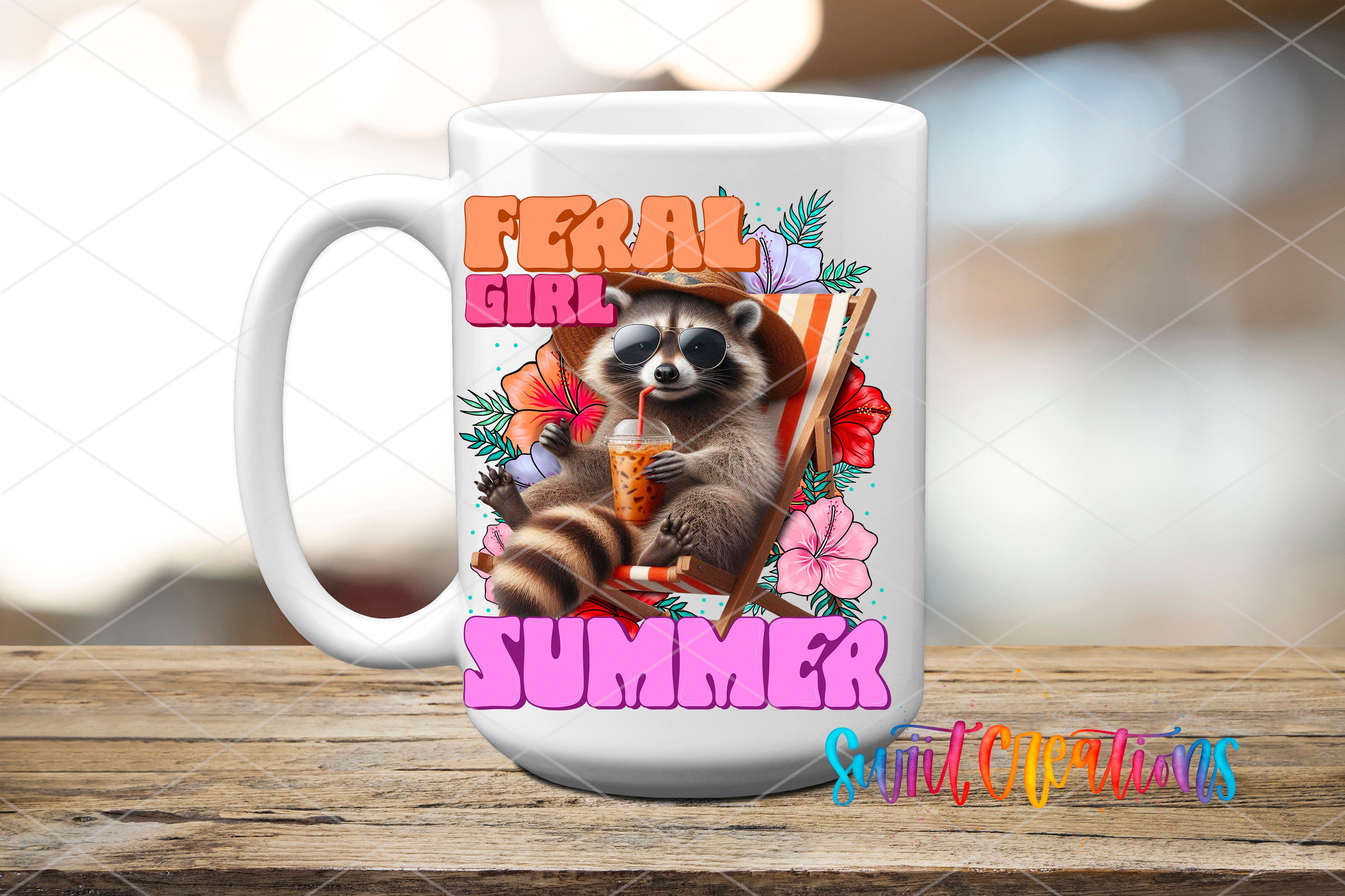 A mug with a raccoon wearing a hat and holding a drink, surrounded by colorful flowers and the text "Feral Girl Summer".