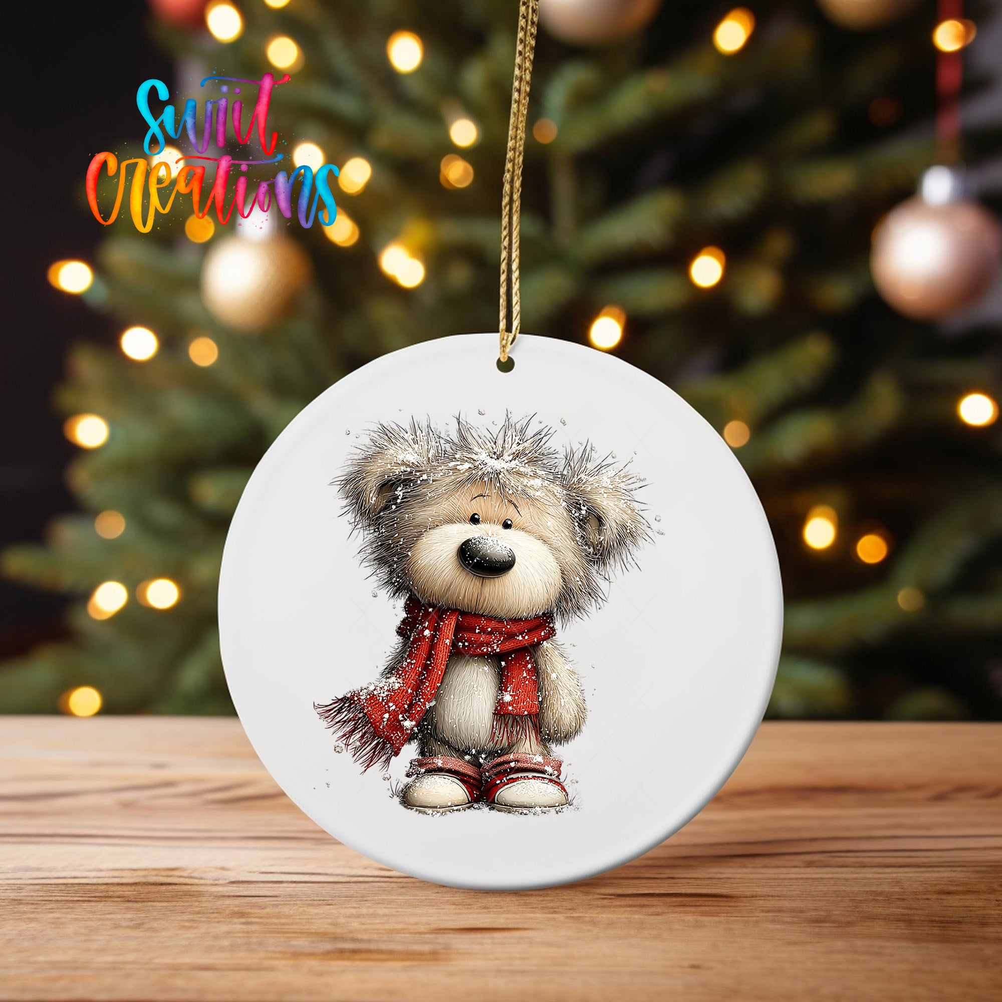 A white ceramic ornament featuring a teddy bear wearing a red scarf and standing in front of a Christmas tree with twinkling lights.