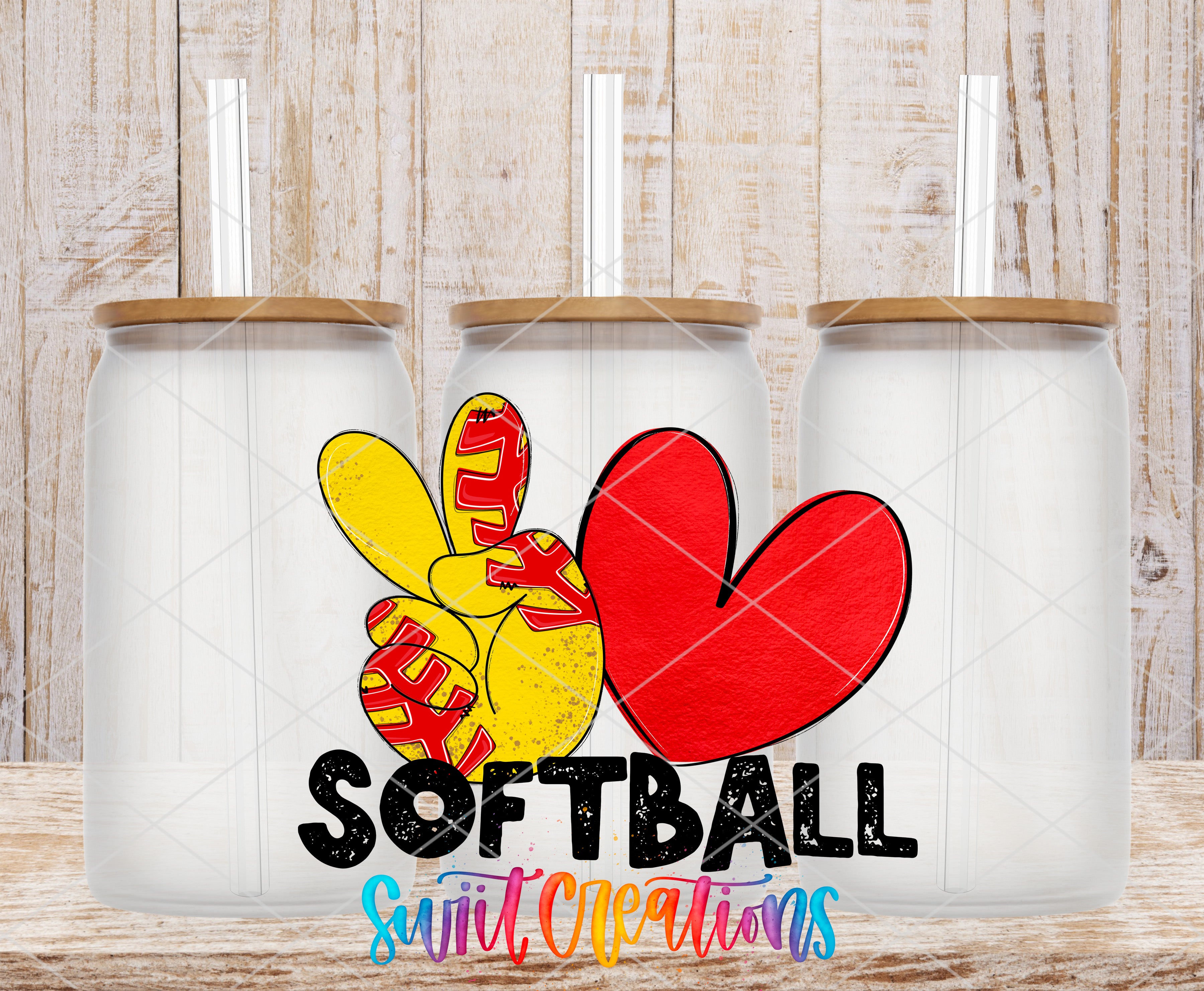 three glass jars with a peace sign and a red heart design, along with the text "SOFTBALL Soft Creations" written below them.