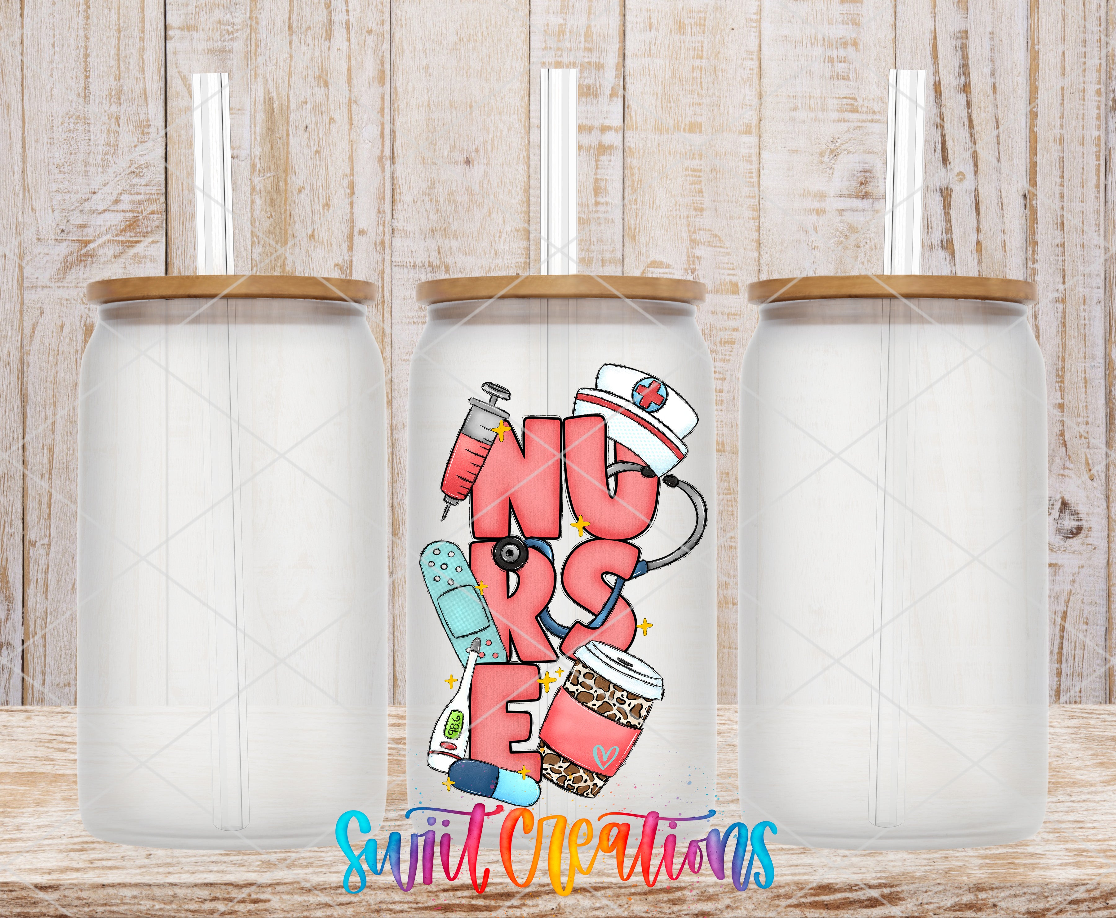 three clear glass tumblers with lids, each containing a straw. The tumblers are arranged in a row, with the middle one having a colorful design that includes a nurse's hat, a syringe, and a cup of coffee.