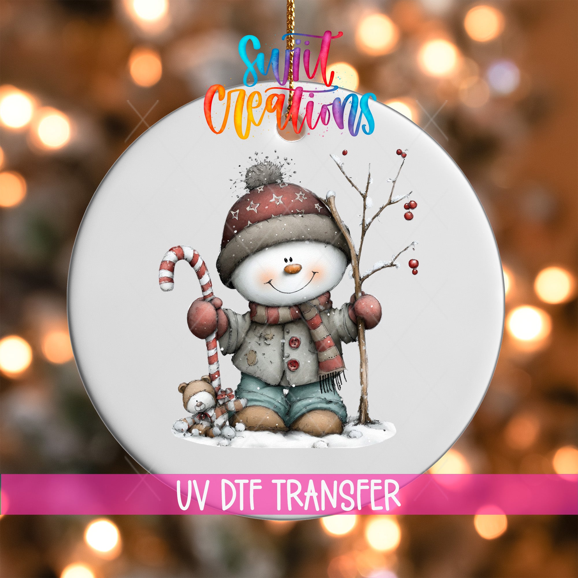 A snowman ornament with a candy cane and a teddy bear, set against a blurred background with Christmas lights.