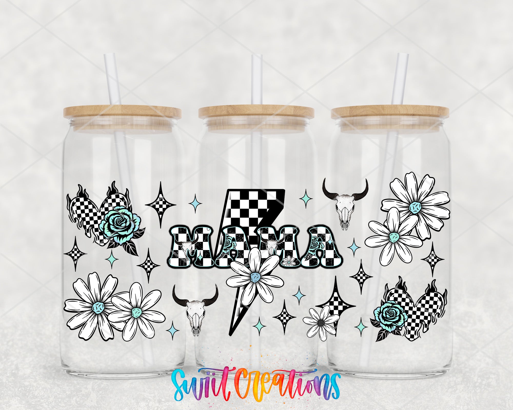 three glass tumblers with black and white floral designs and lightning bolt motifs.