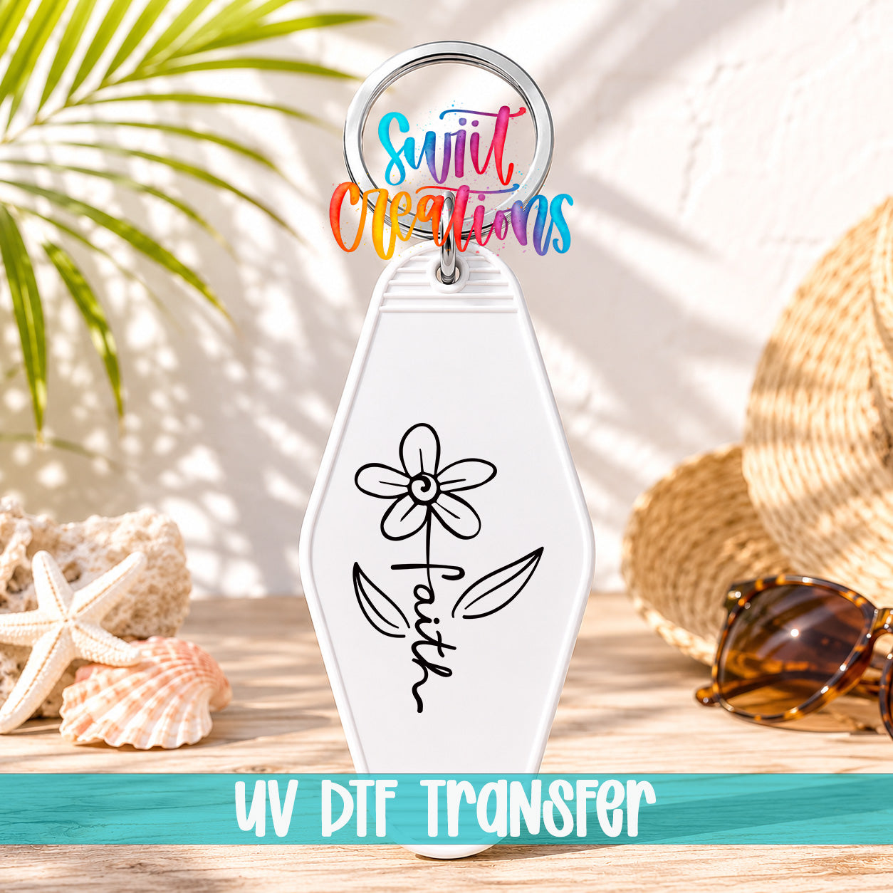 A keychain with a flower design and the word "Faith" written on it, along with sunglasses and a straw hat, all placed on a wooden surface.