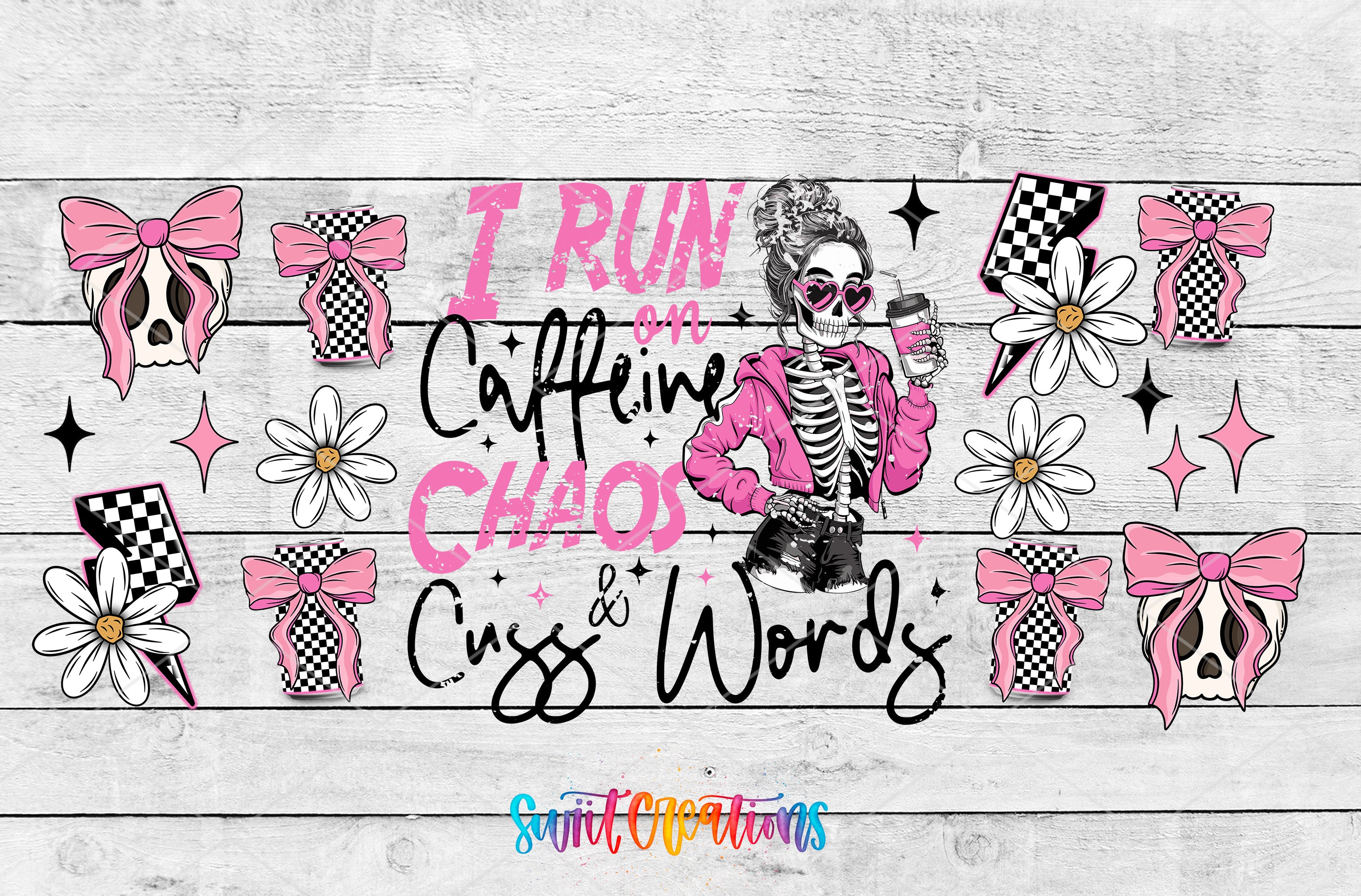 The image is a colorful and whimsical collage featuring a skeleton wearing a pink jacket and sunglasses, surrounded by various decorative elements such as flowers, bows, and checkerboard patterns.