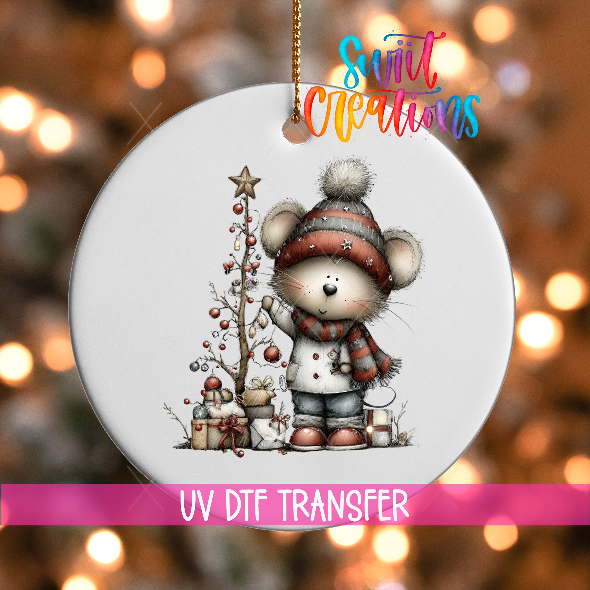 A white ornament featuring a cartoon mouse standing next to a Christmas tree, with a star on top of the tree.