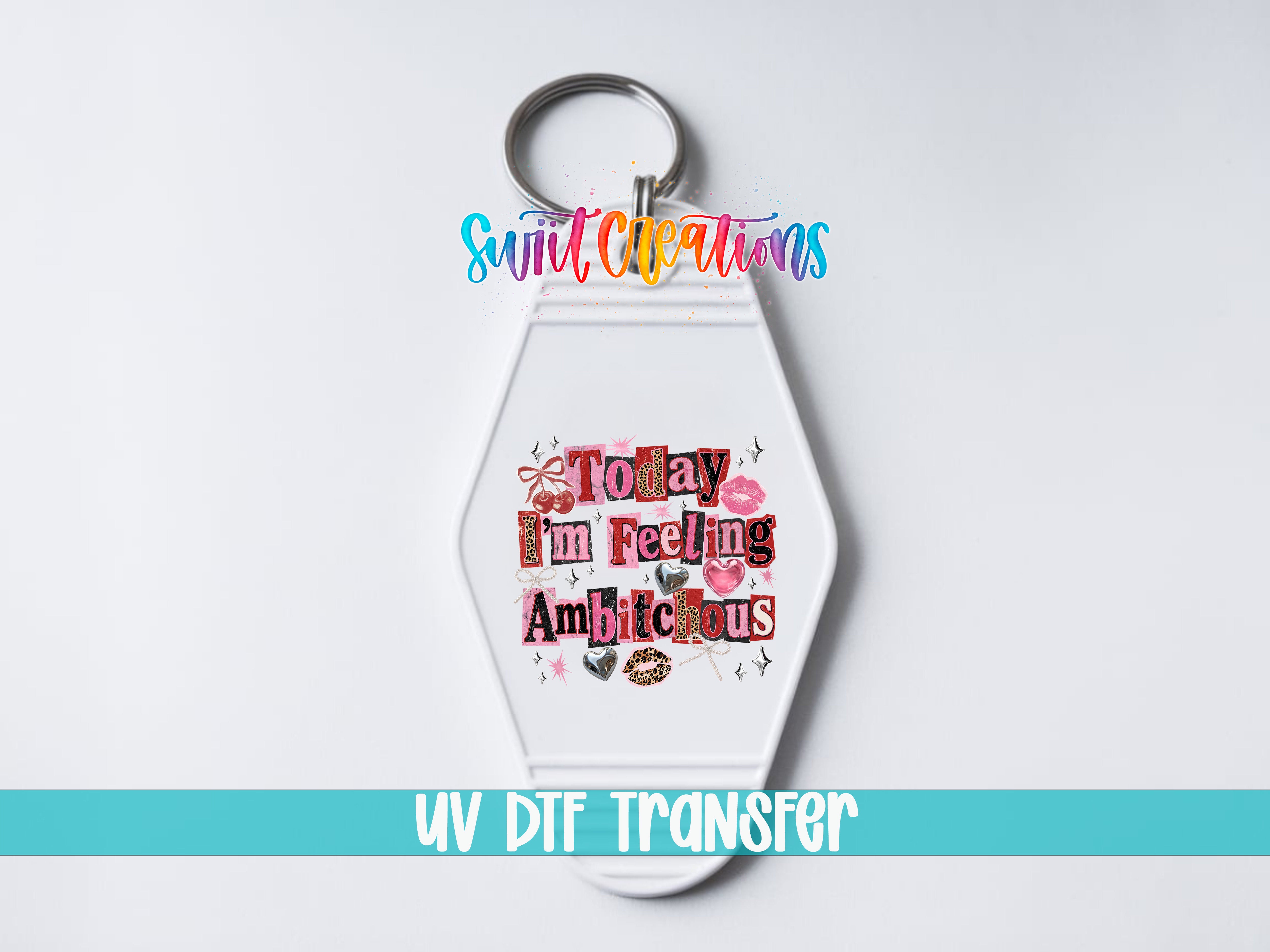 A keychain with a colorful design and text on it.