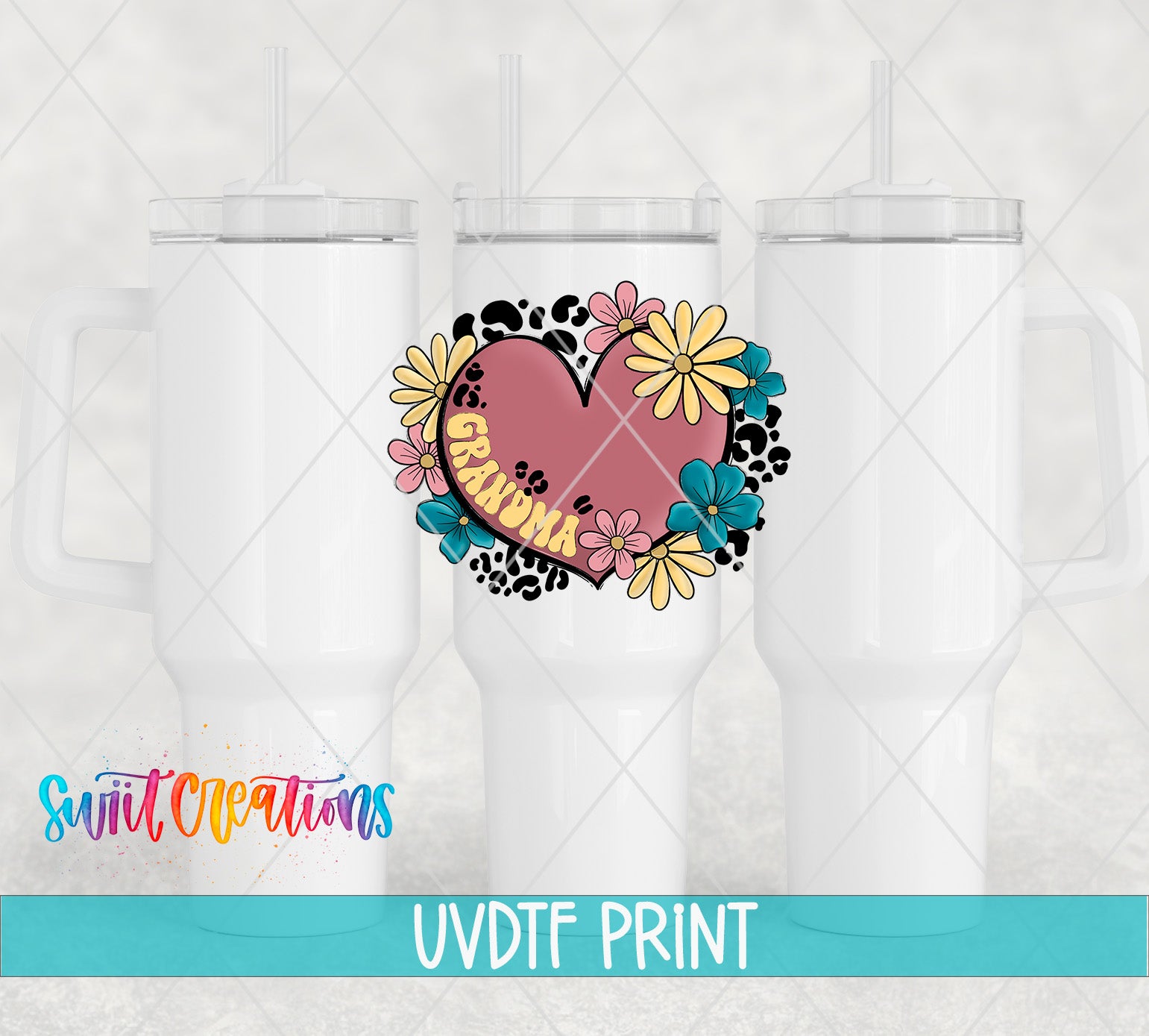 a white tumbler with a colorful heart-shaped design and flowers printed on it.