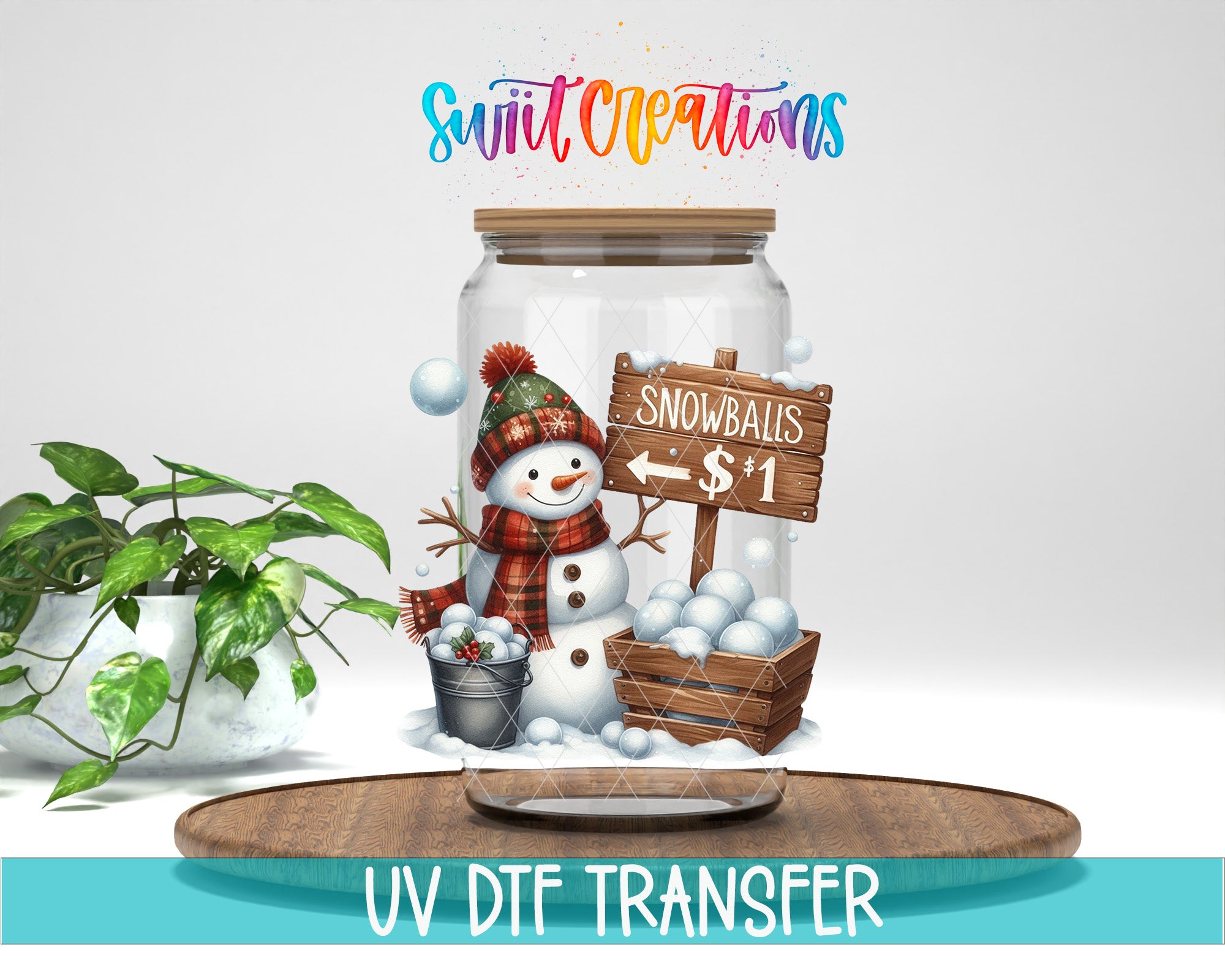 A snowman wearing a red scarf and hat, holding a bucket of snowballs, stands next to a sign that says "Snowballs $1", with a potted plant and a wooden tray in the background.