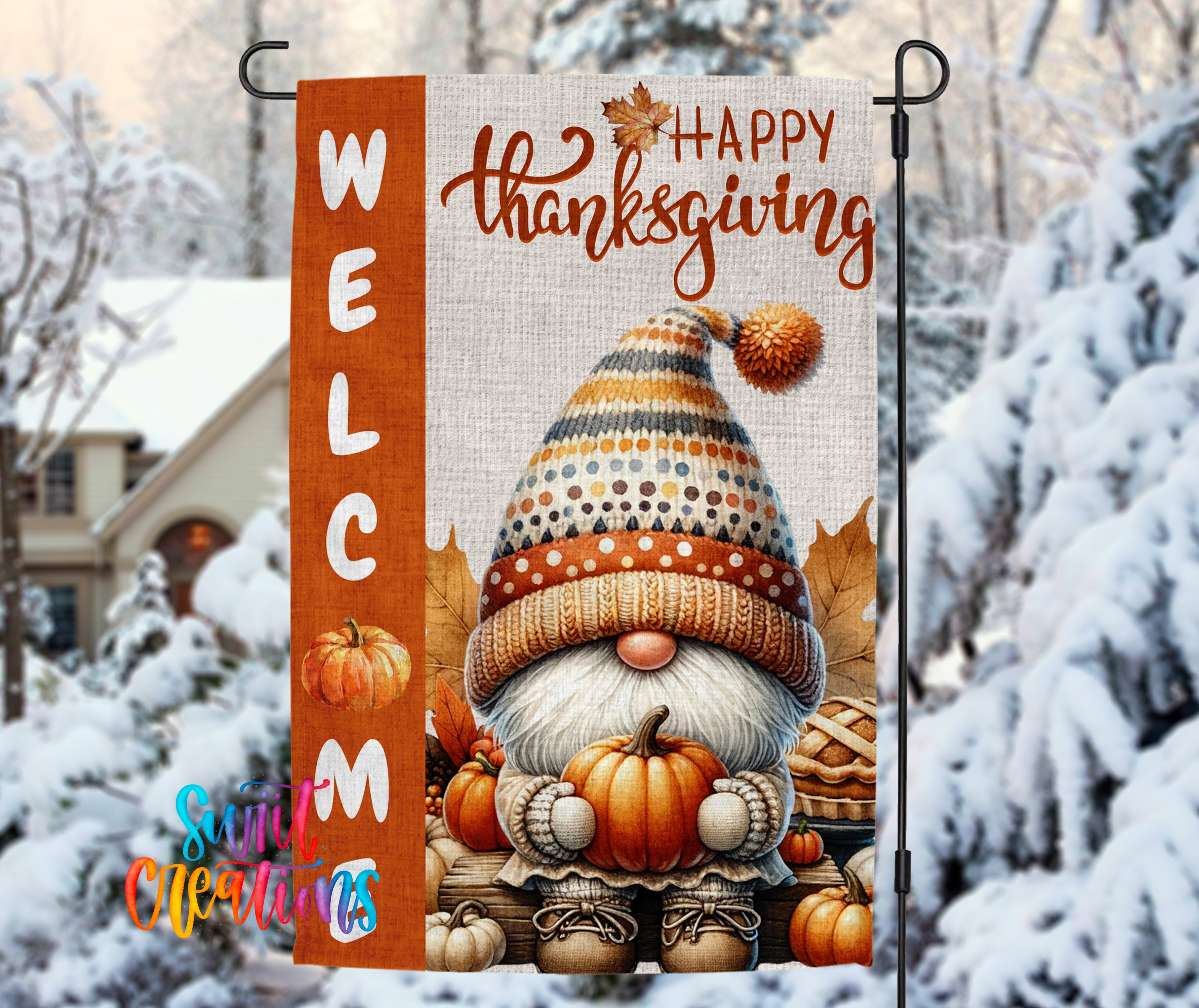 A welcome sign featuring a gnome holding pumpkins and surrounded by autumn leaves, with the text "Happy Thanksgiving" displayed.