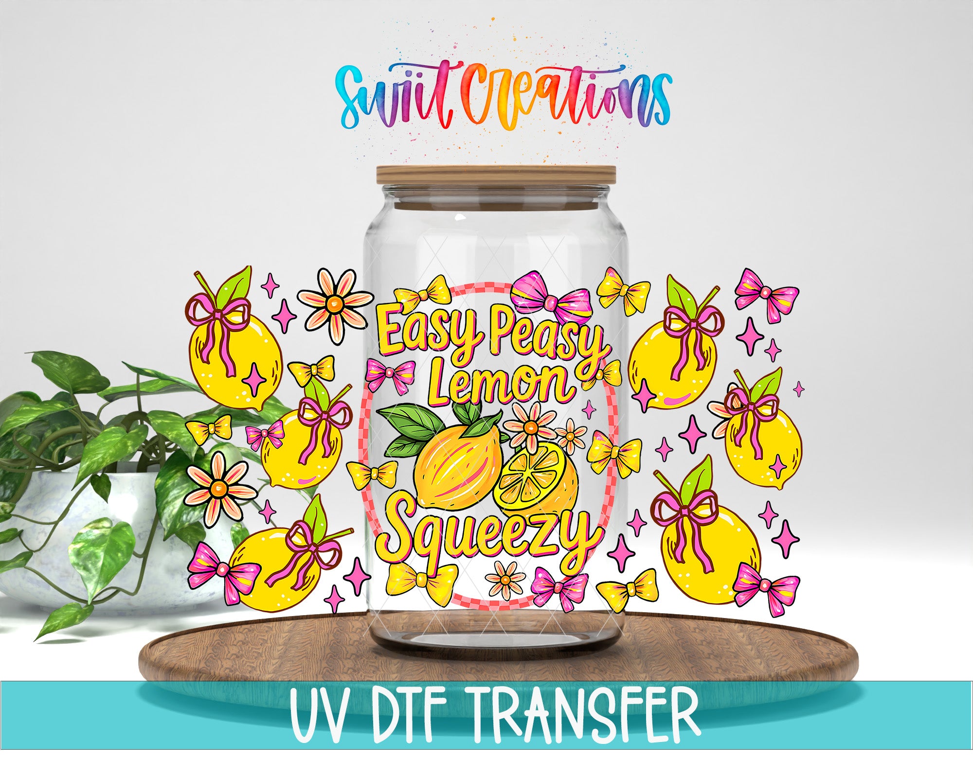 a glass jar with a lid, surrounded by various illustrations of lemons and flowers, along with the text "Easy Peasy Lemon Squeezy" and "Swift Creations".