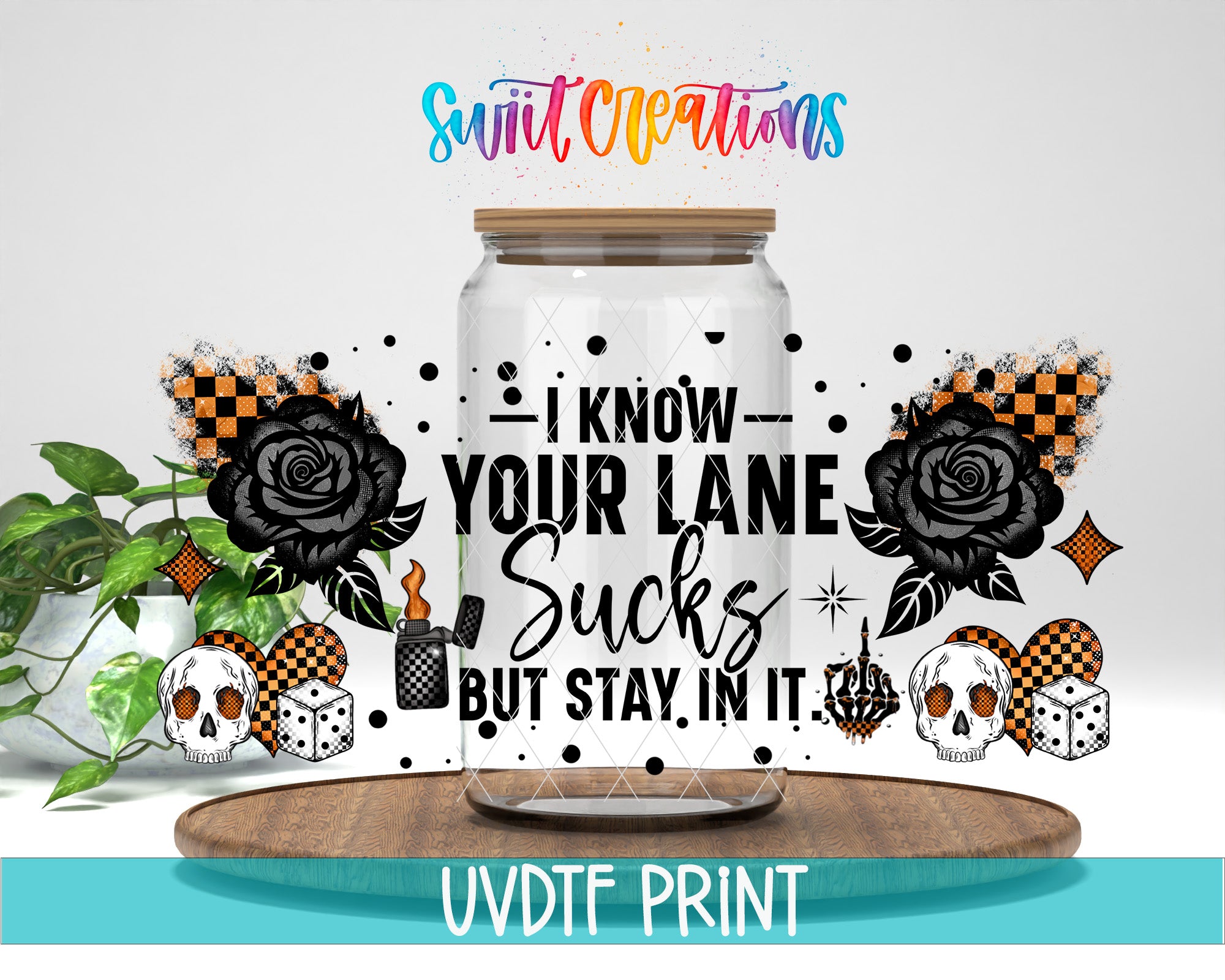 The image is a digital art piece featuring a glass jar with a humorous text message inside, surrounded by various Halloween-themed graphics and symbols.