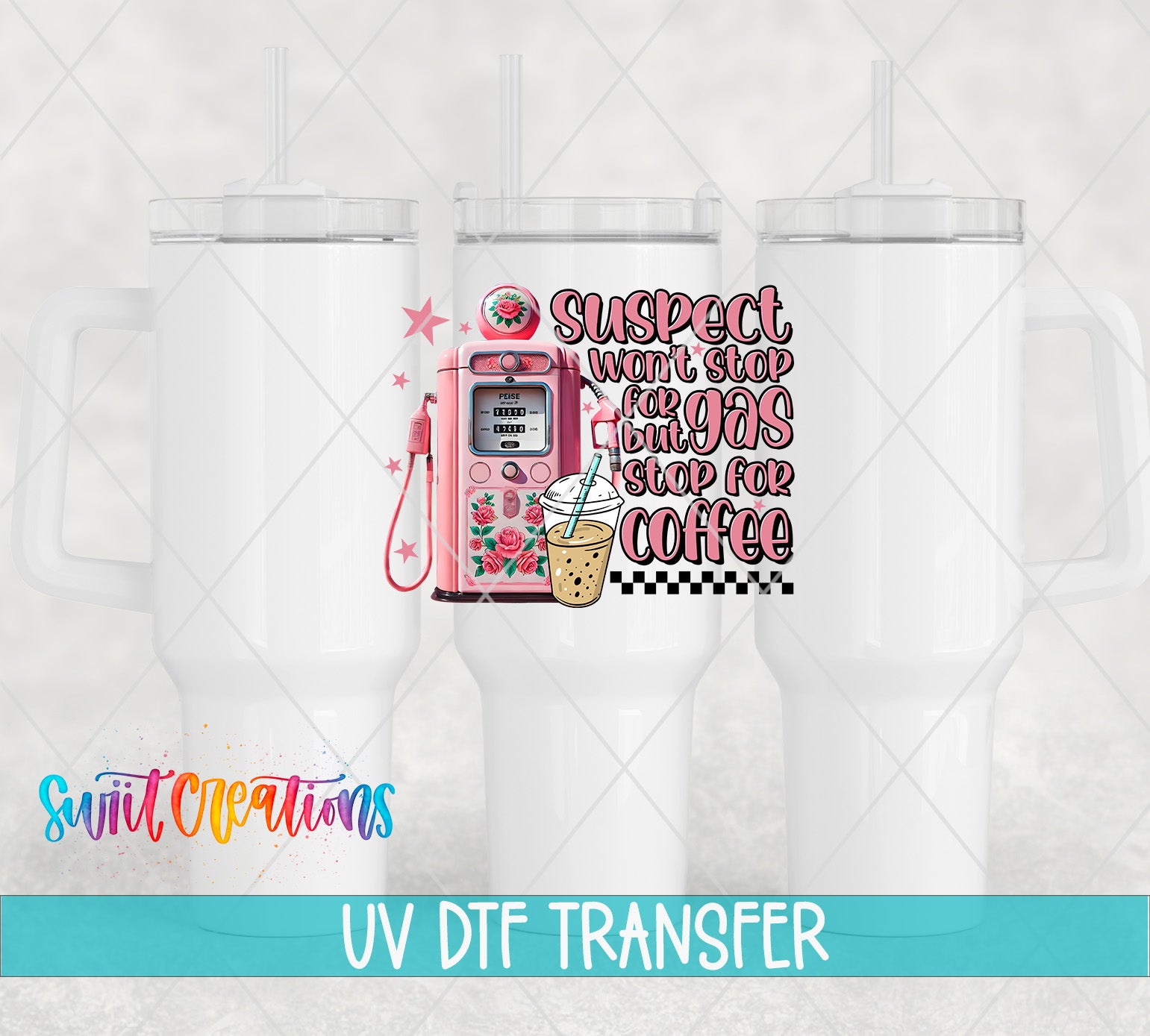 The image is a digital illustration featuring a pink gas pump with a cup of coffee on it, along with text that says "Suspect won't stop for gas but for coffee".