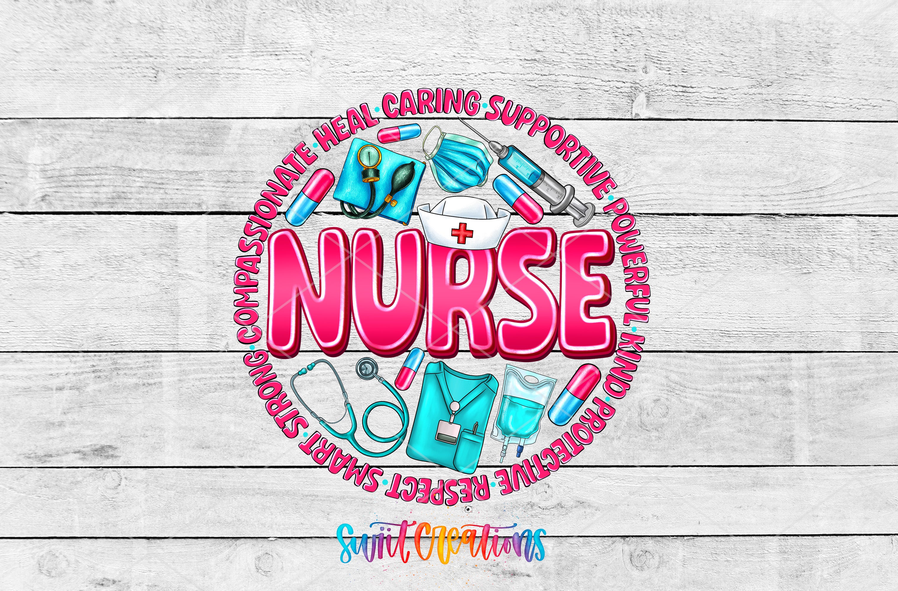 a circular design with the word "NURSE" prominently displayed in the center, surrounded by various medical and healthcare-related items such as a stethoscope, syringe, and bandages.