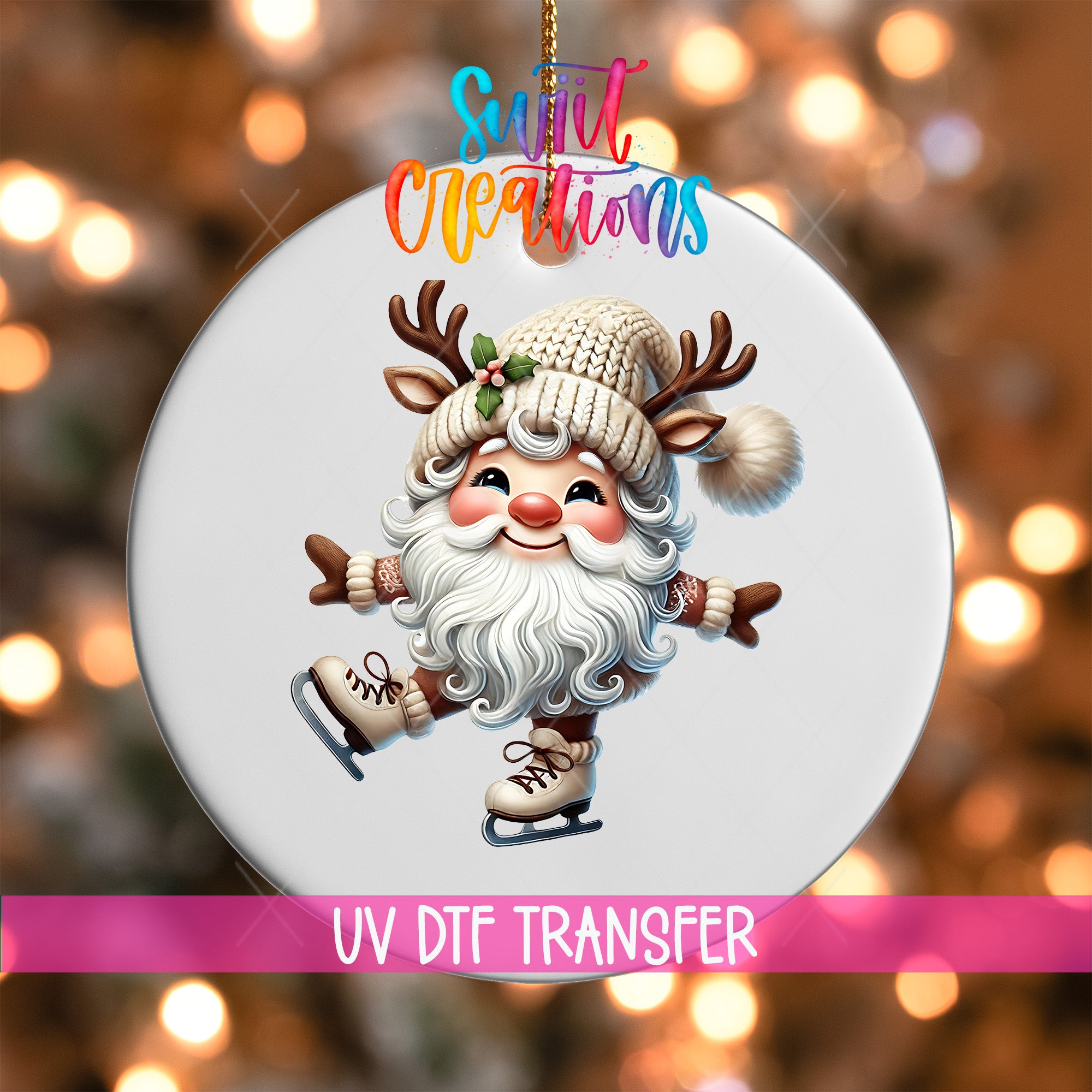 A white ornament with a smiling reindeer wearing a hat and skis, set against a background of colorful lights.