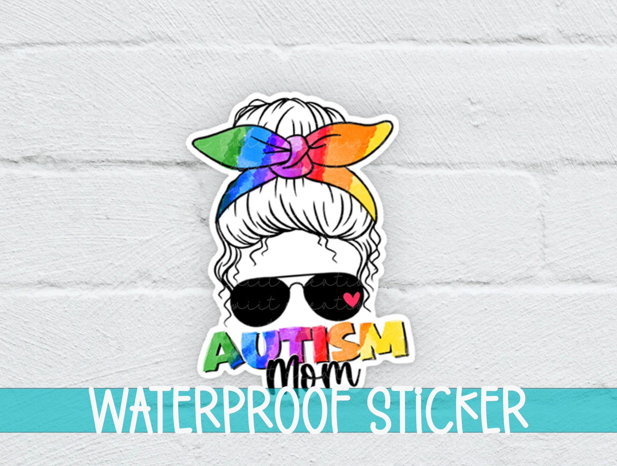 a sticker of a woman wearing sunglasses and a rainbow bow