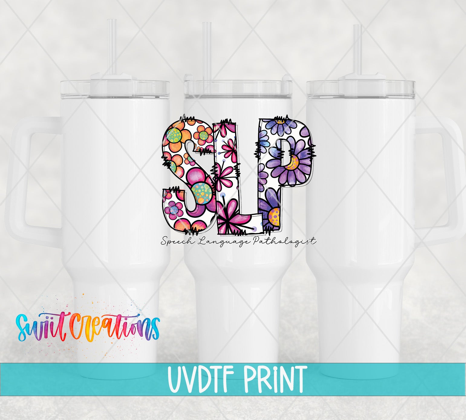 three white tumblers with colorful floral designs on them, and the text "SLP" is prominently displayed in the center.