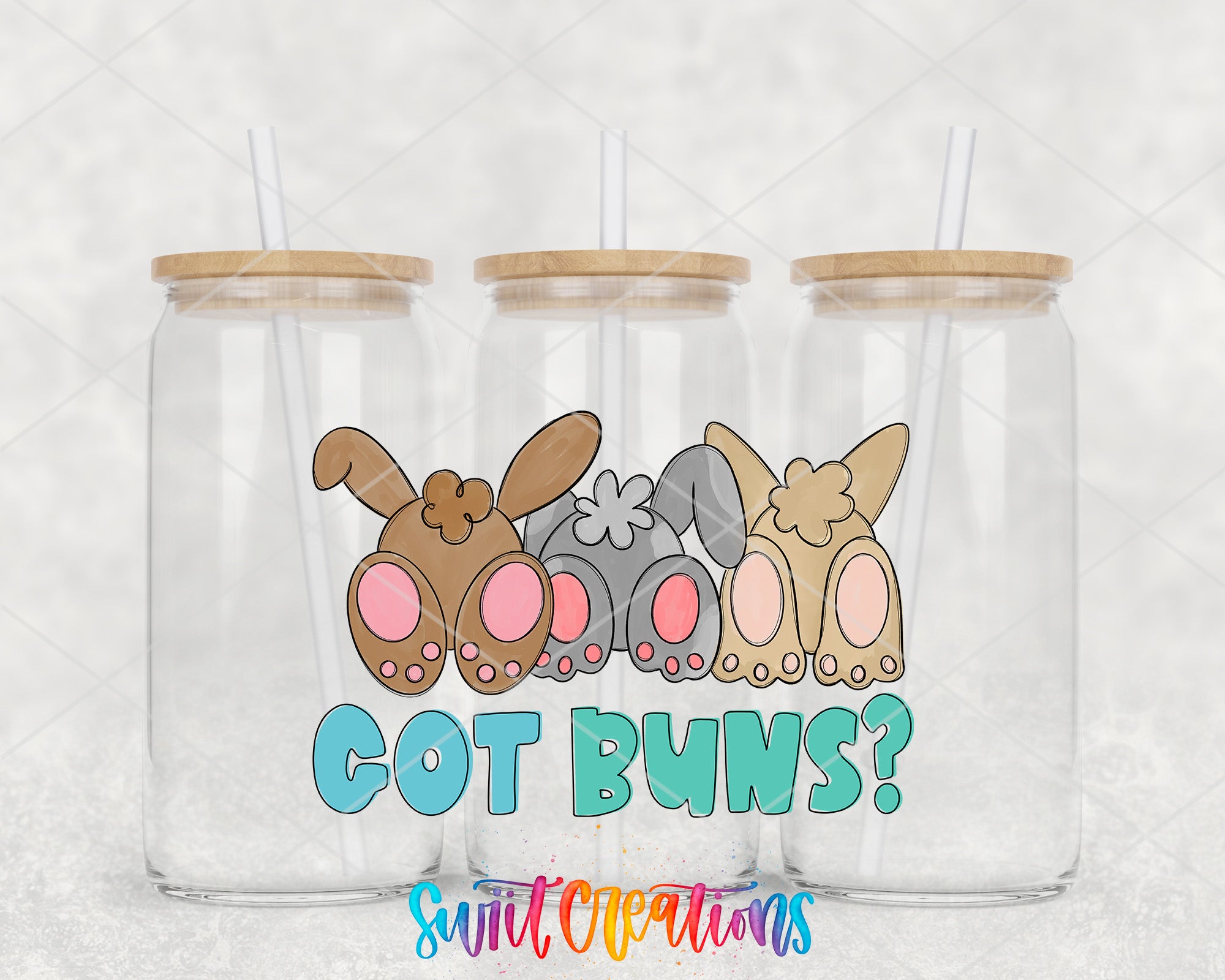 Three glass jars with straws, each containing a cartoon rabbit with a flower in its ears. The text "GOT BUNS?" is displayed in the center of the image.