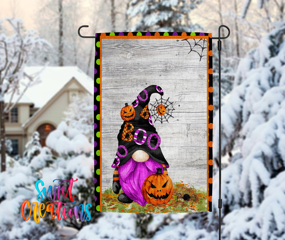 A Halloween-themed garden flag featuring a purple gnome holding a jack-o-lantern, with a spider web design and a snowy background.