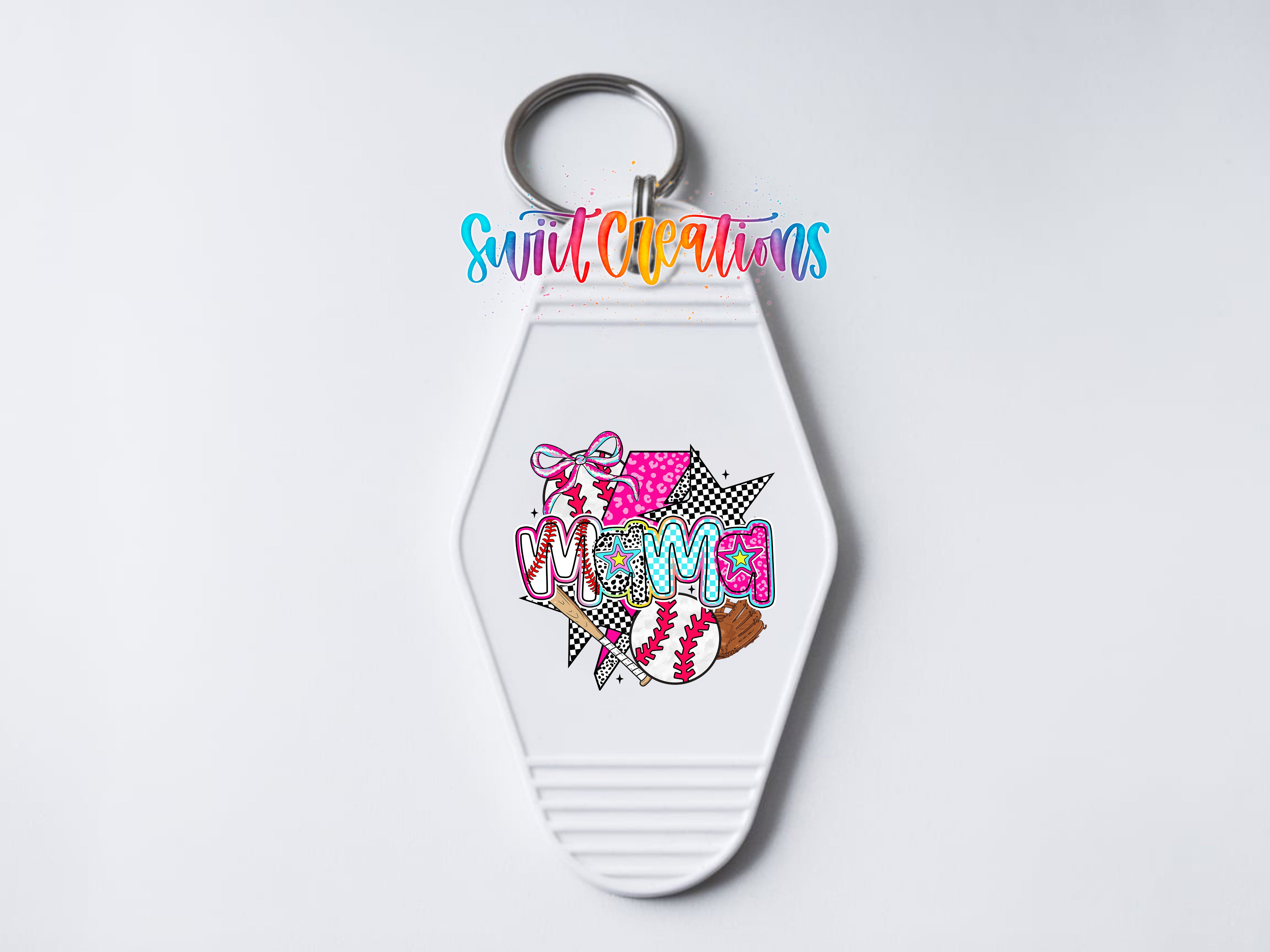 A keychain with a colorful design featuring a baseball, a star, and various other elements.