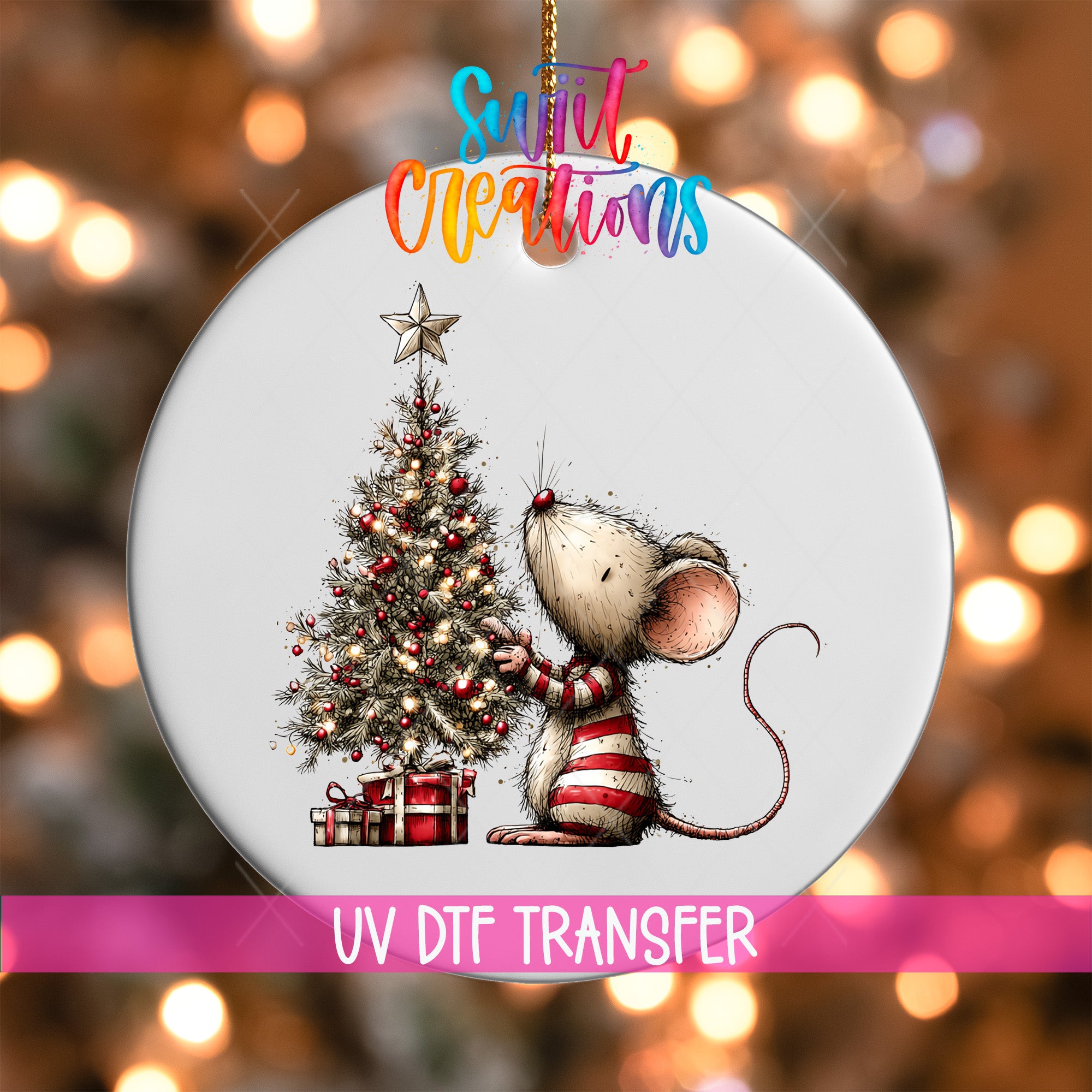A Christmas ornament featuring a small mouse decorating a Christmas tree with presents and a star.