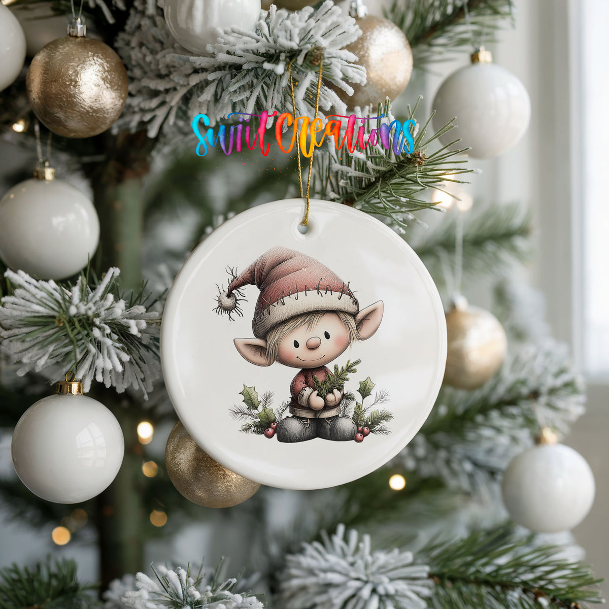 A ceramic ornament featuring a smiling elf on a Christmas tree, surrounded by white and gold ornaments.