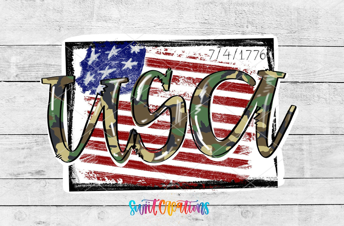 Camo USA 1776 Flag camouflage lettering and distressed flag UV DTF transfer artwork by Swiit Creations