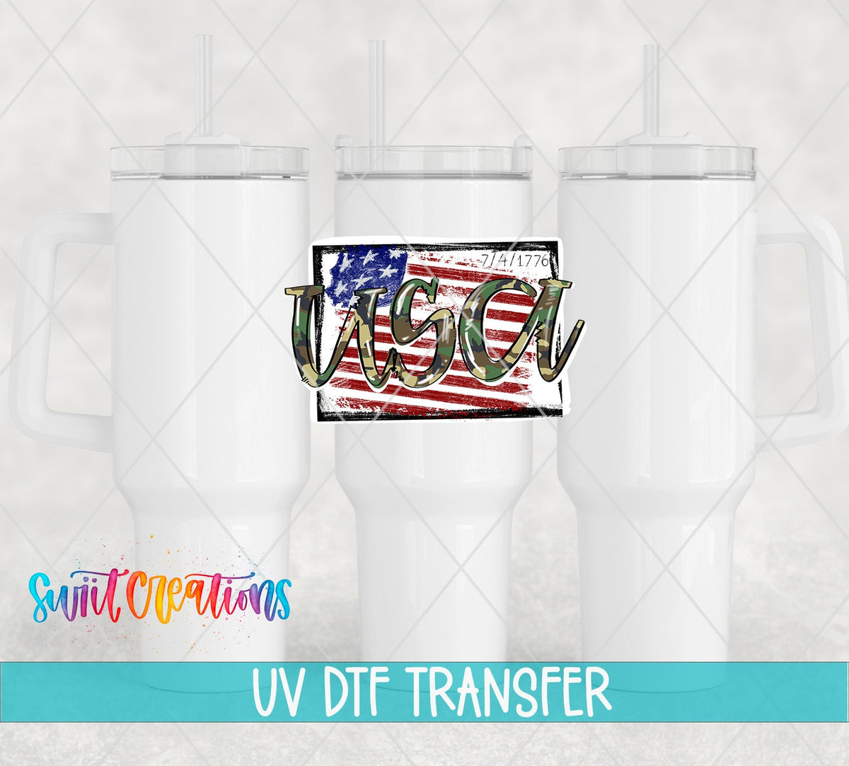 Three white tumblers featuring the Camo USA 1776 Flag UV DTF transfer by Swiit Creations